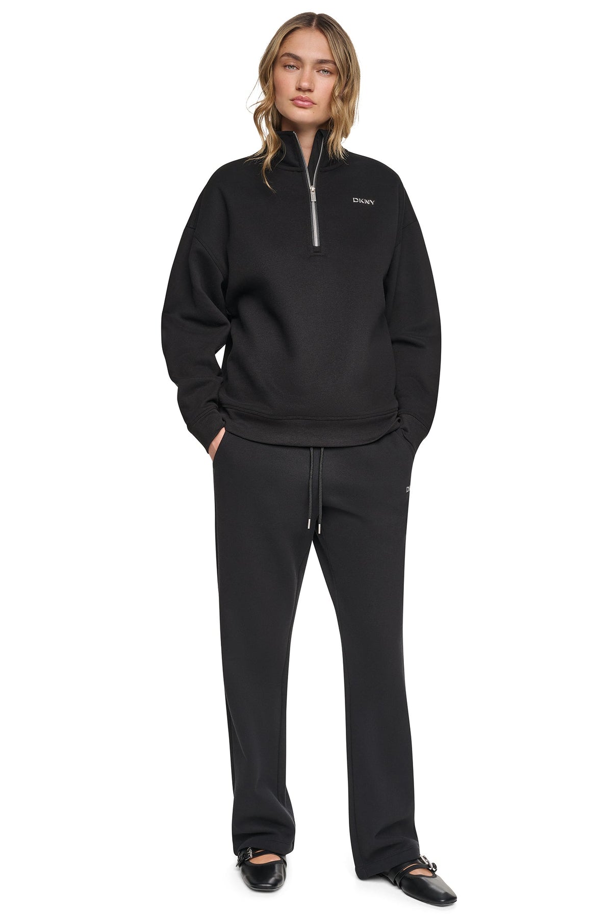 Black DKNY METALLIC BUBBLE 1/4 ZIP PULLOVER