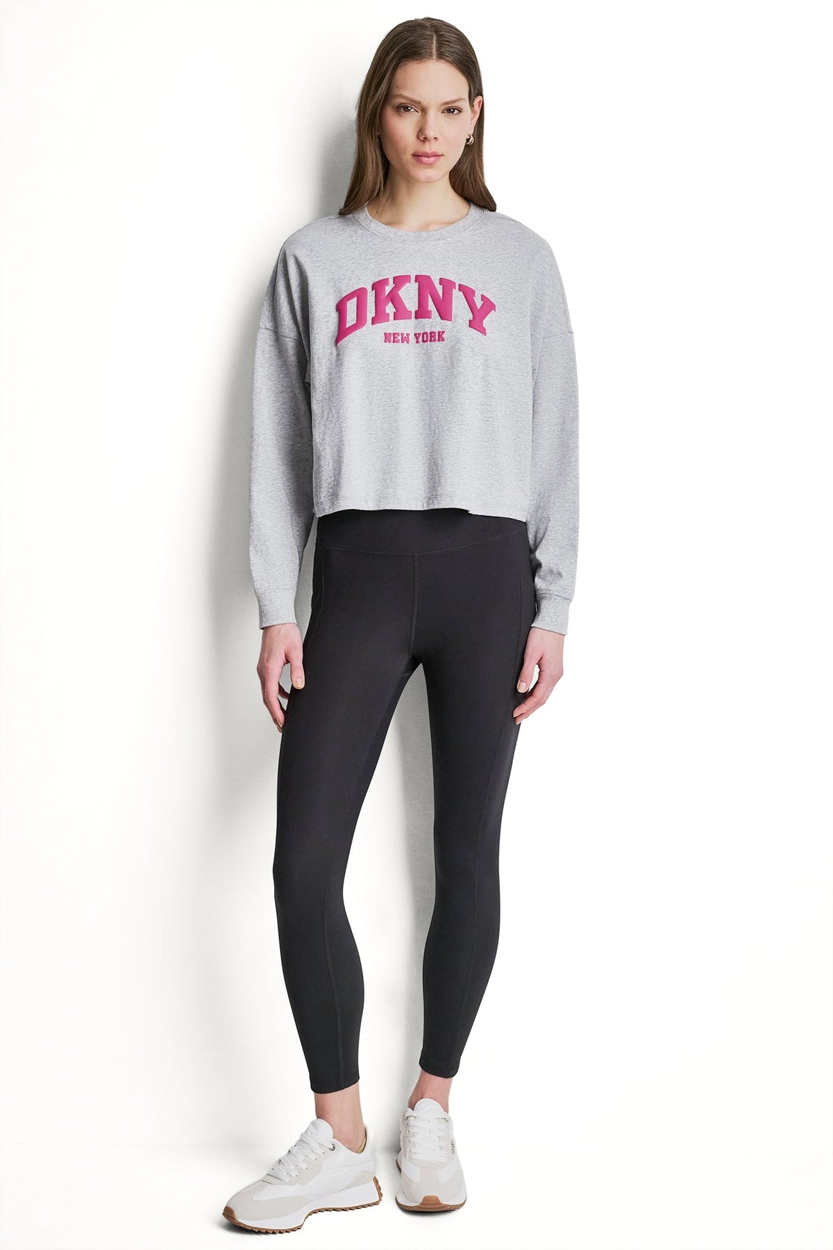 Punch/Black DKNY PUFF VARSITY LOGO LONG SLEEVE TEE