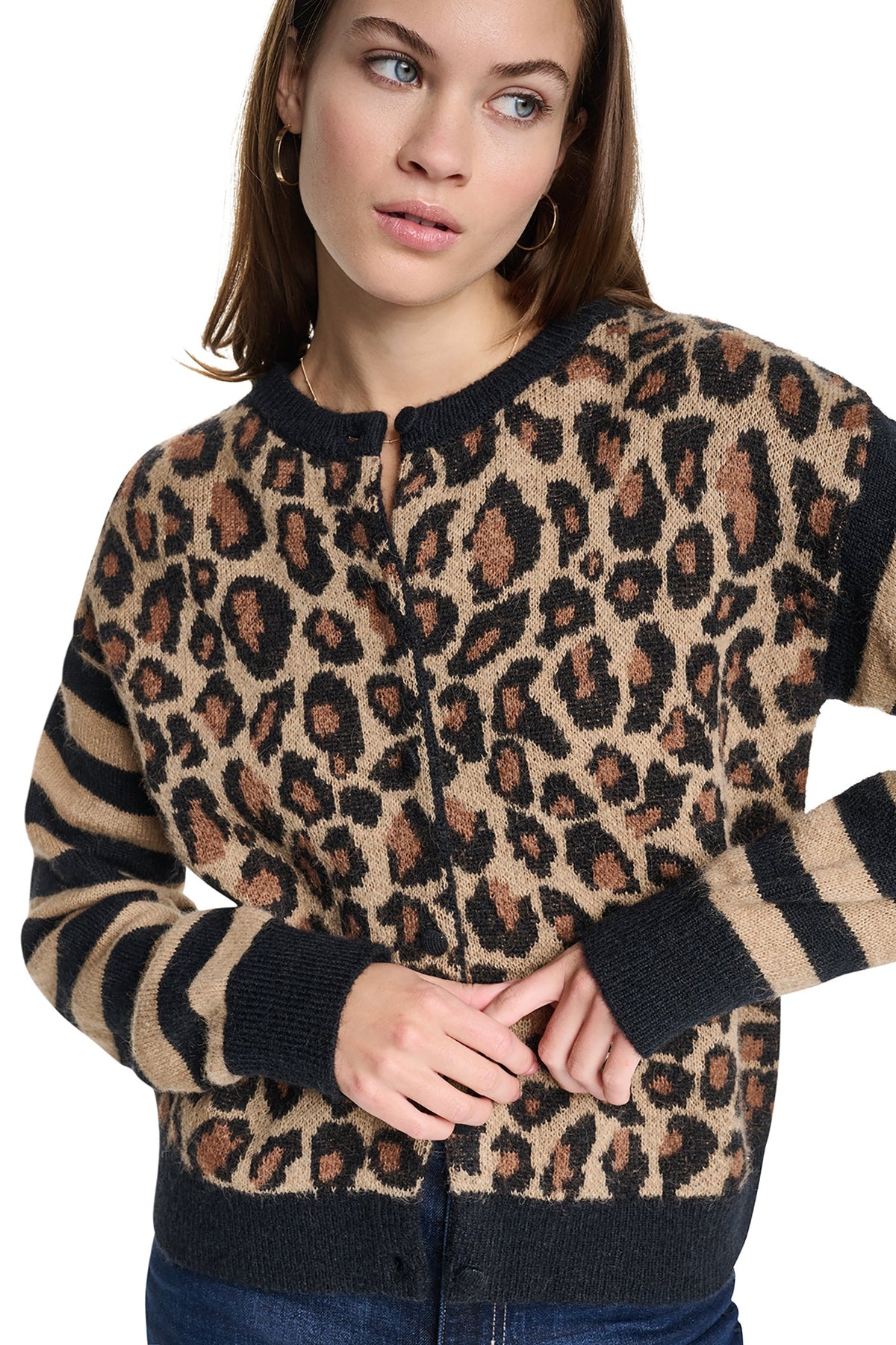 Travertine Combo DKNY MIXED CHEETAH AND STRIPE CARDIGAN