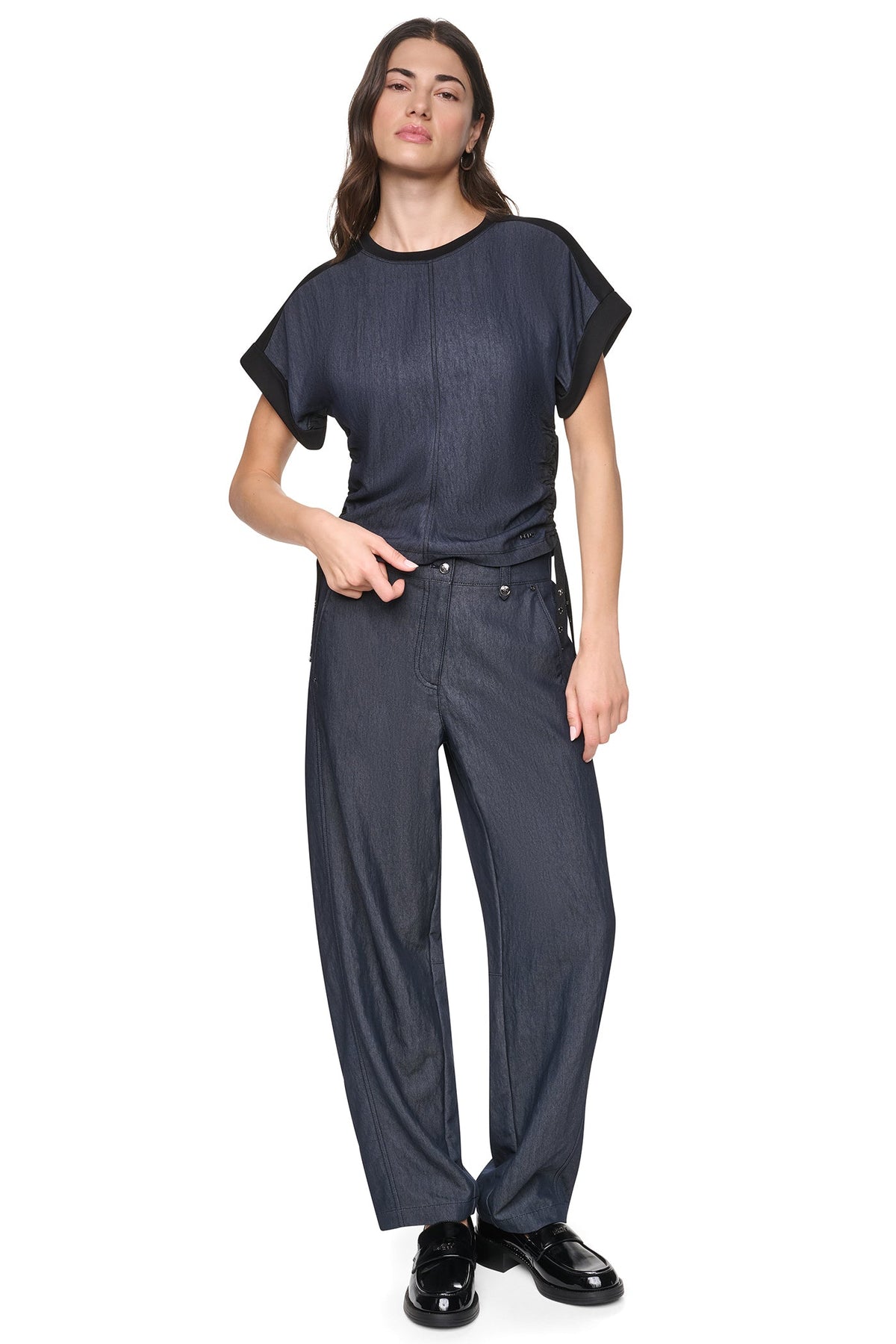 Dark Indigo DKNY WASHED INDIGO SIDE RUCHED TOP