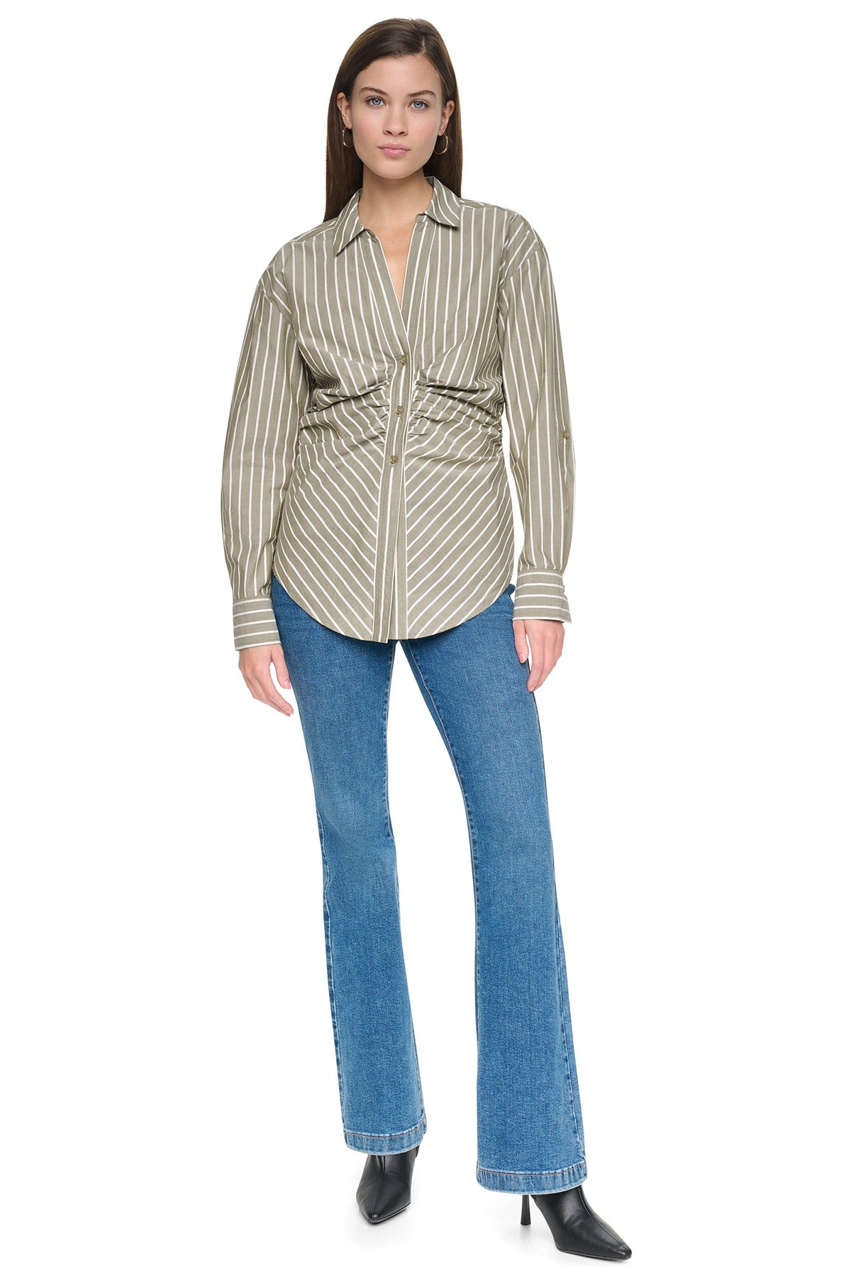 Utility Green DKNY STRIPED RUCHED SHIRT