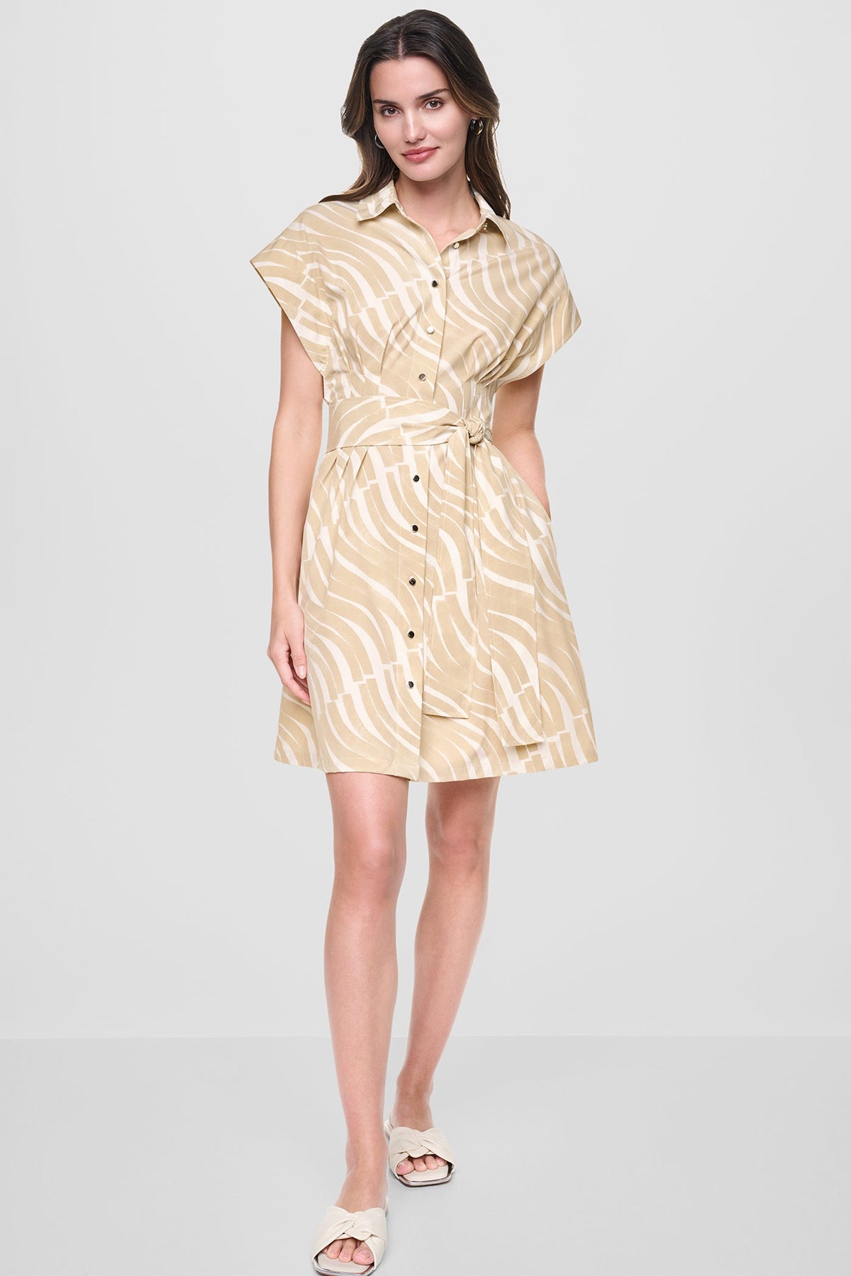 Khaki/Ivory DKNY CAP SLEEVE MINI COMMUTER SHIRT DRESS