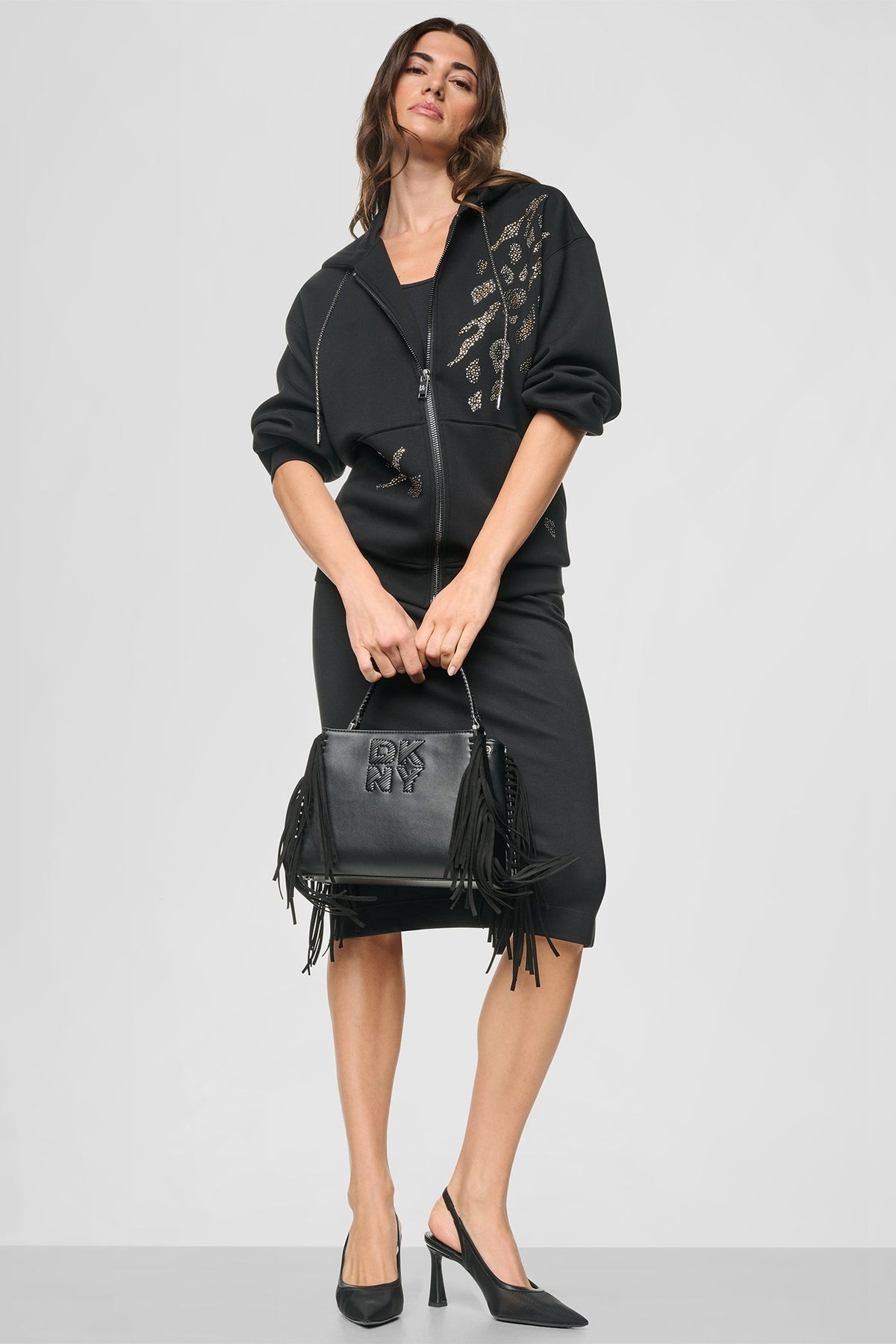 Black DKNY STUDDED ANIMAL PRINT HOODIE