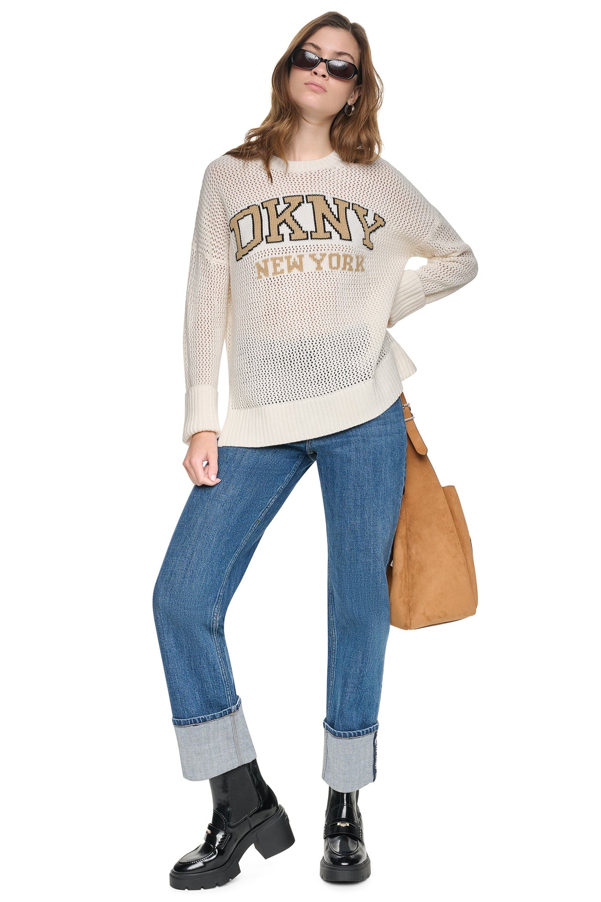 Eggnog/Travertine/Black DKNY OPEN STITCH VARSITY LOGO SWEATER