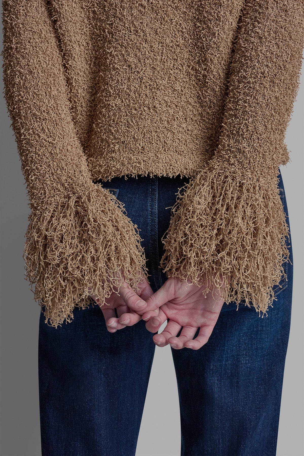Travertine DKNY LONG SLEEVE FRINGE CARDIGAN