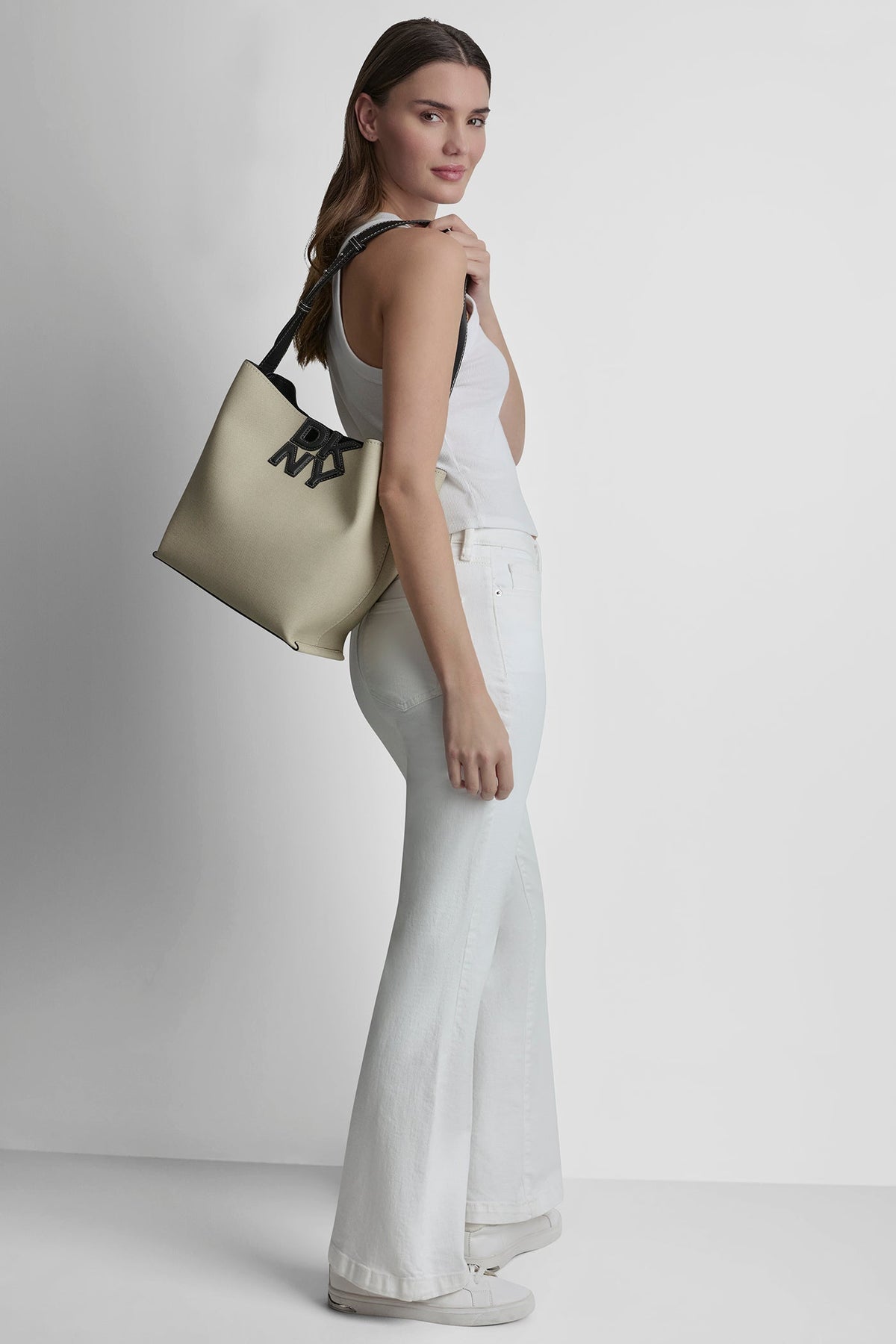 Natural/Black DKNY NICOLE LOGO BUCKET BAG