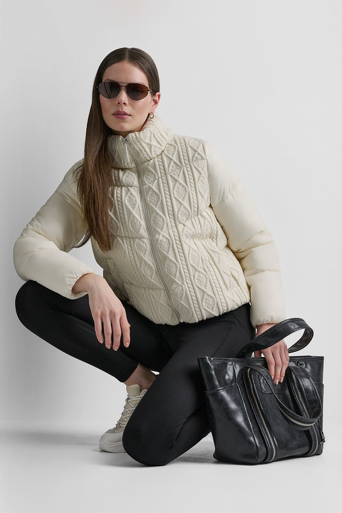Eggnog DKNY CABLE KNIT MOCK NECK PUFFER JACKET
