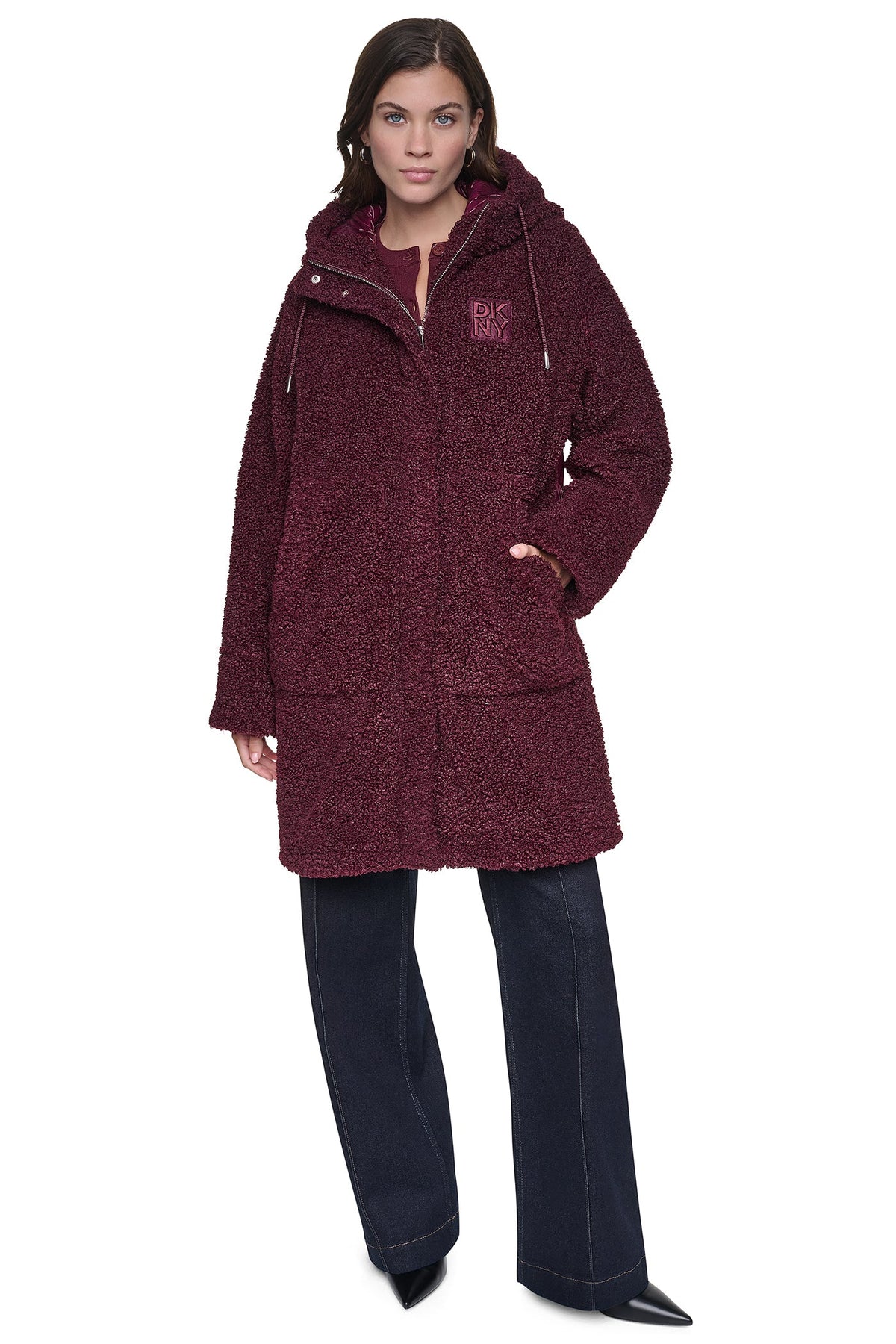 Claret DKNY SHERPA MIXED MEDIA HOODED JACKET