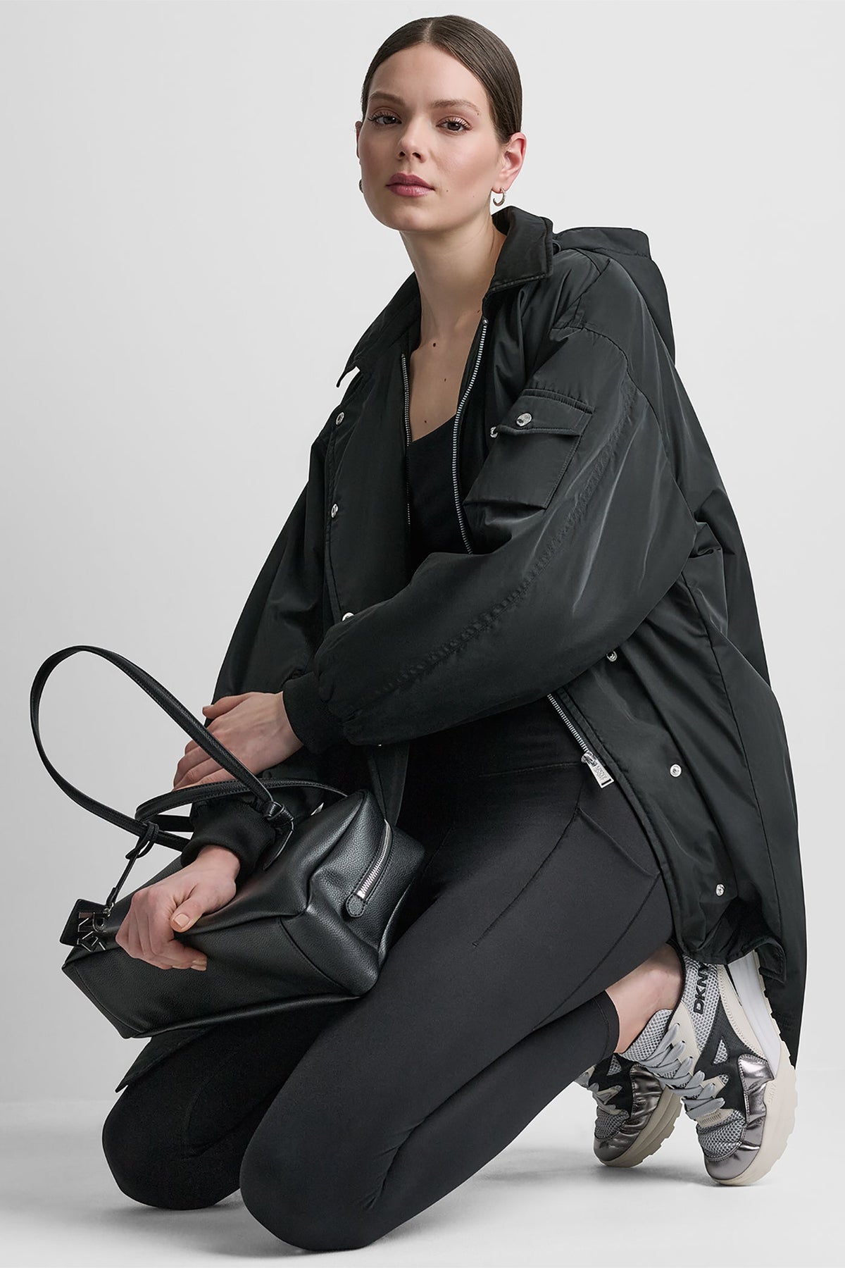 Black DKNY LONG JACKET WITH REMOVABLE HOOD