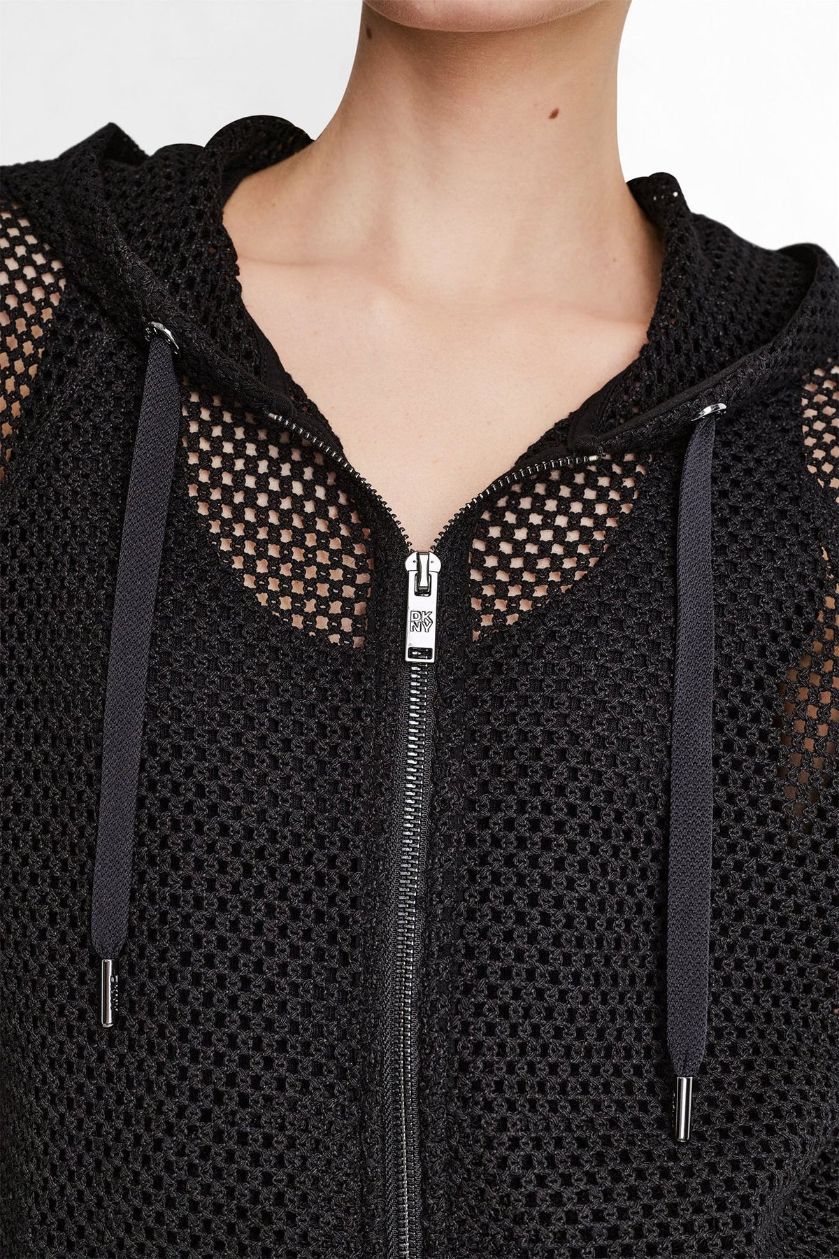 Black DKNY MESH LOGO ZIP-UP HOODIE