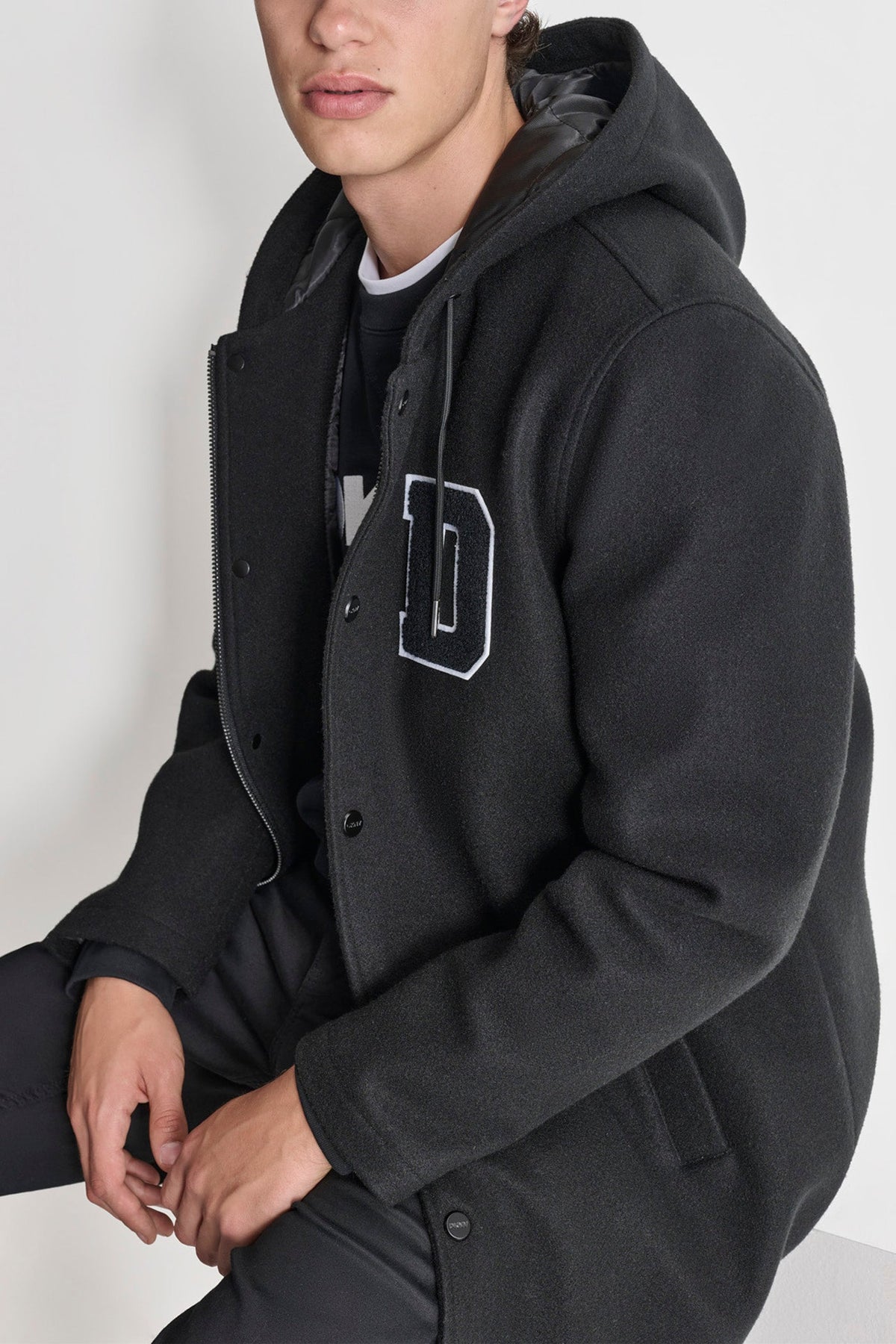 Black DKNY VARSITY STADIUM COAT
