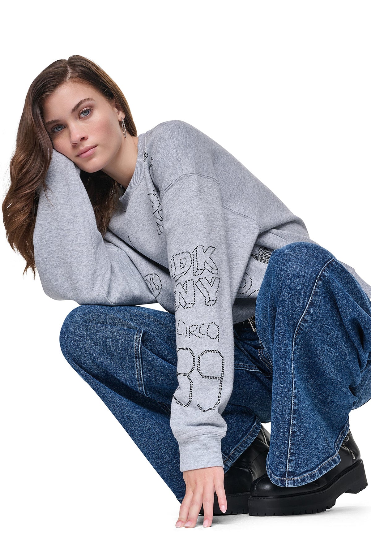 Pearl Grey Heather/Black DKNY RHINESTONE GRAFFITI LOGO SWEATSHIRT
