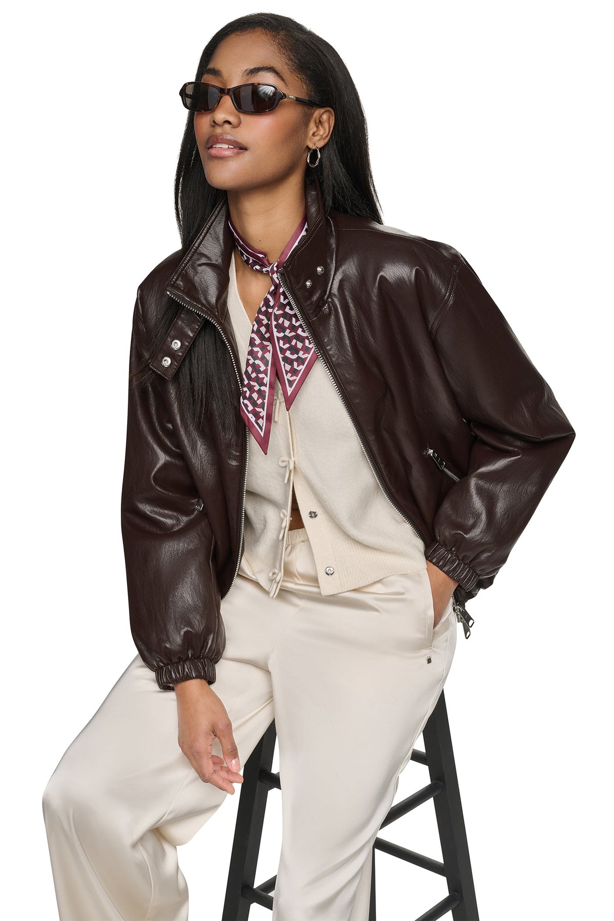 Dark Brown DKNY FAUX LEATHER BOMBER