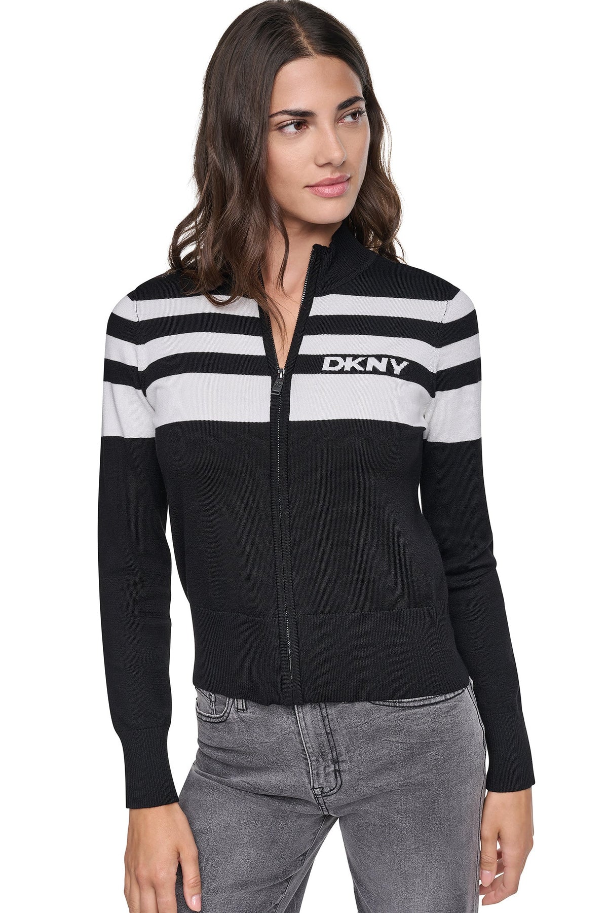 Black/Ivory DKNY STRIPED MOCK NECK ZIP SWEATER