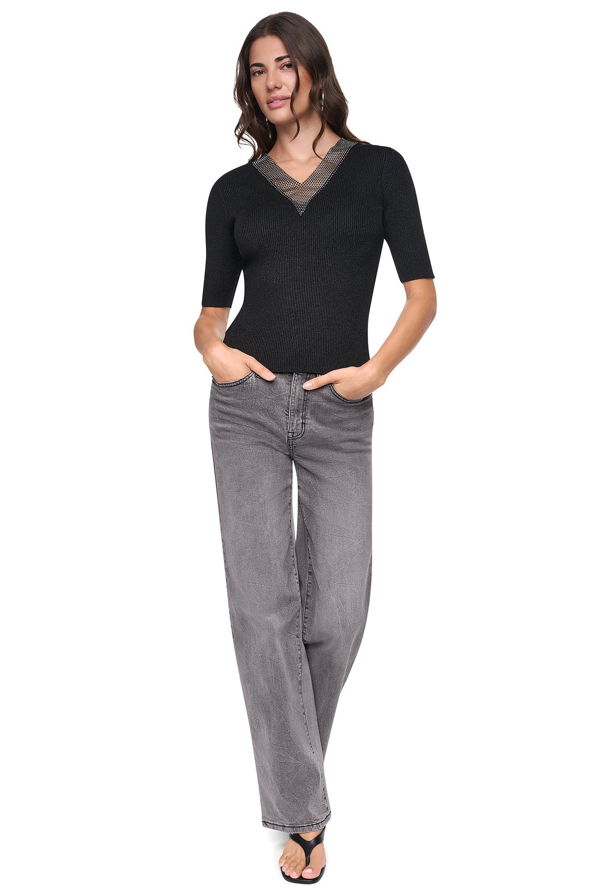 Black DKNY EMBELLISHED METALLIC SWEATER