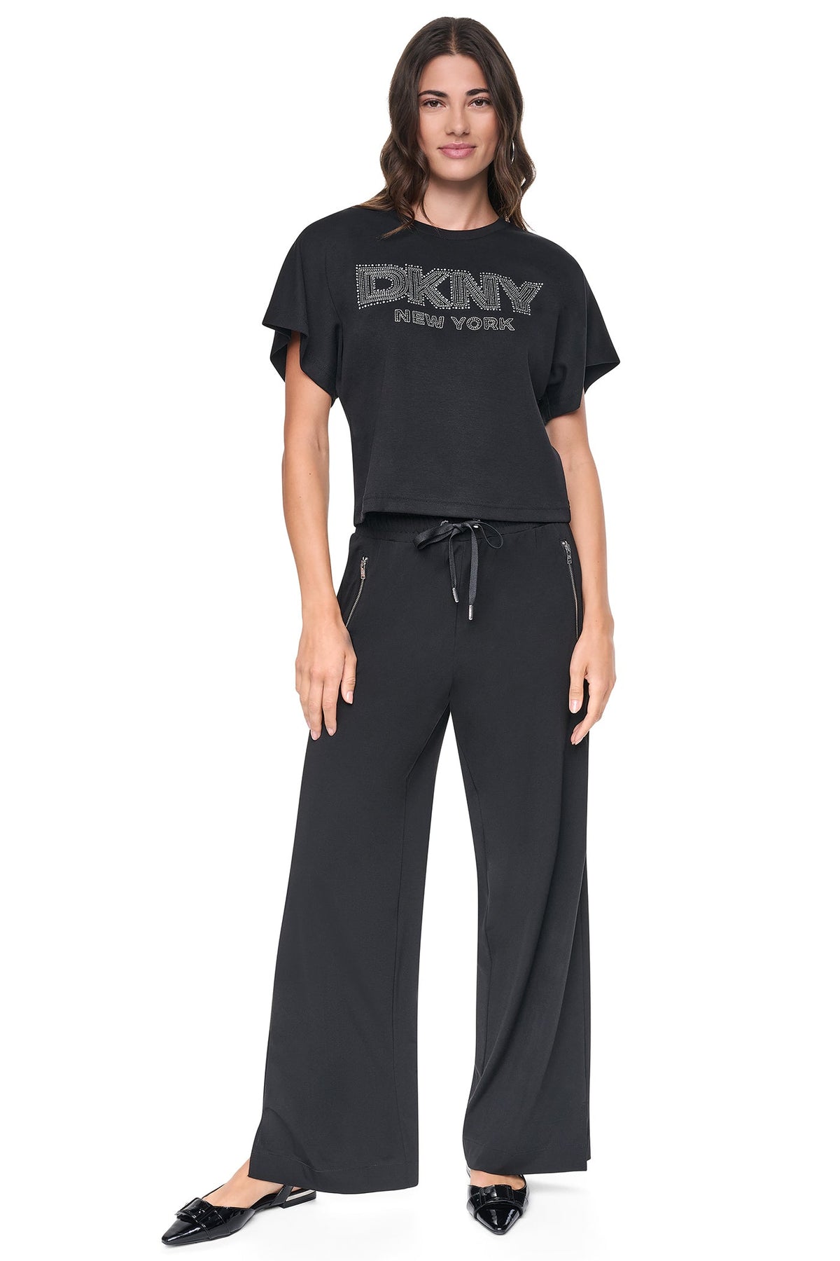 Black DKNY EMBELLISHED LOGO DOLMAN TEE
