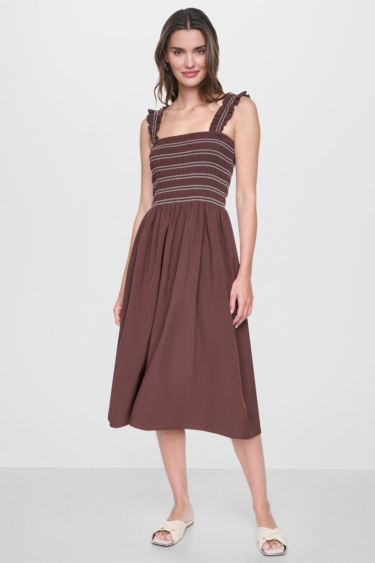Black DKNY SLEEVELESS SMOCKED MIDI A-LINE DRESS