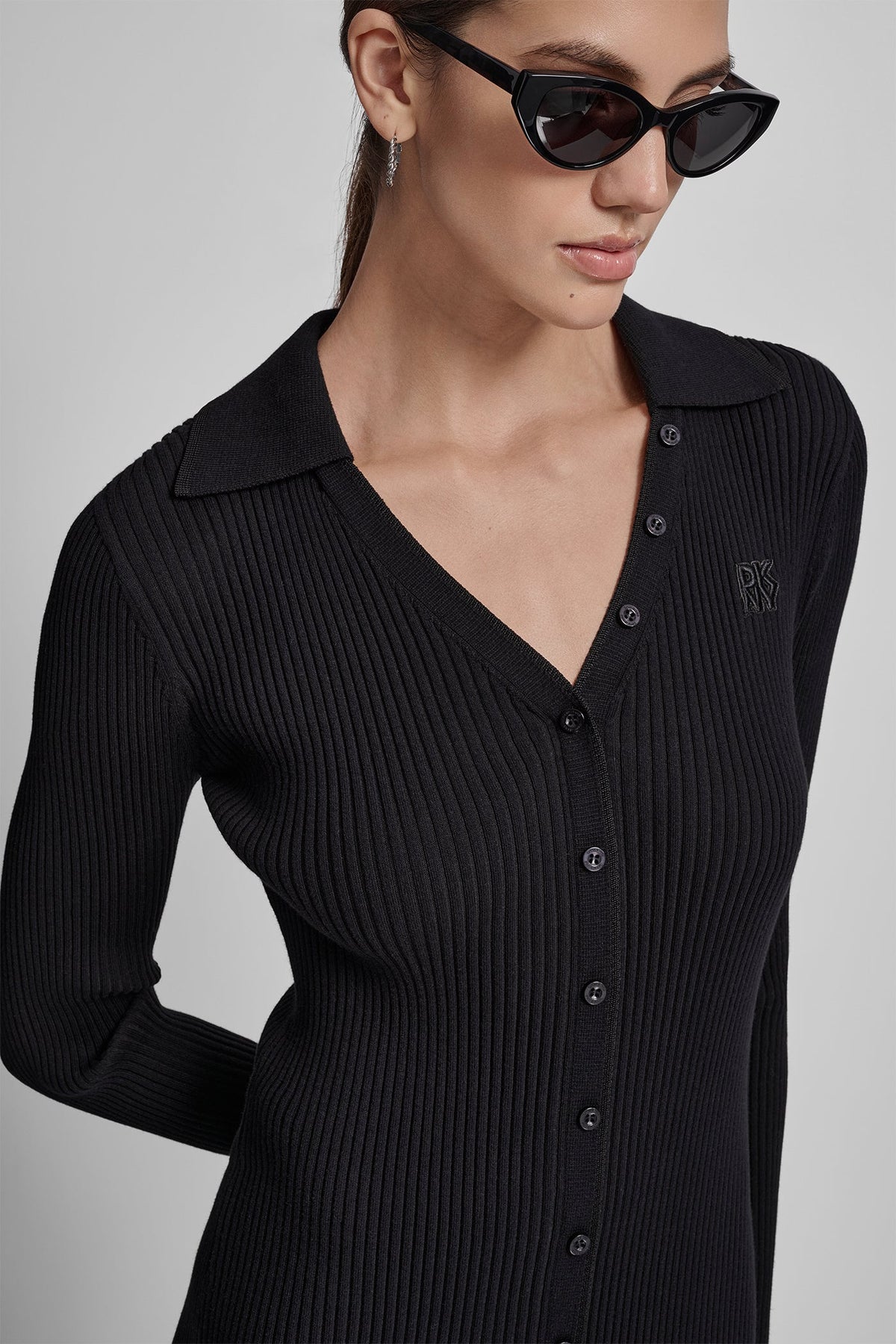 Black DKNY RIB-KNIT MIDI POLO DRESS