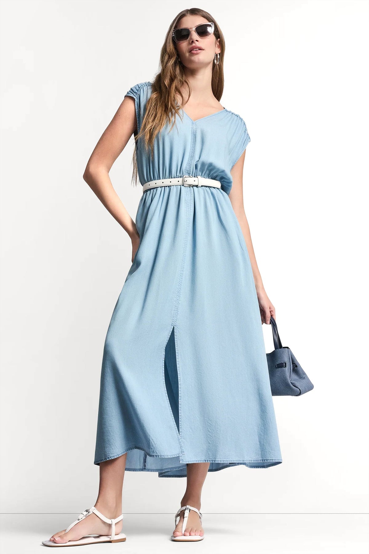 Chambray DKNY RUCHED V-NECK DRESS WITH TIE WAIST