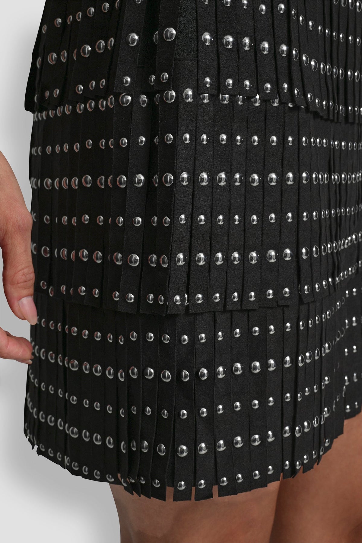 Black DKNY FAUX SUEDE STUDDED FRINGE MINI SKIRT