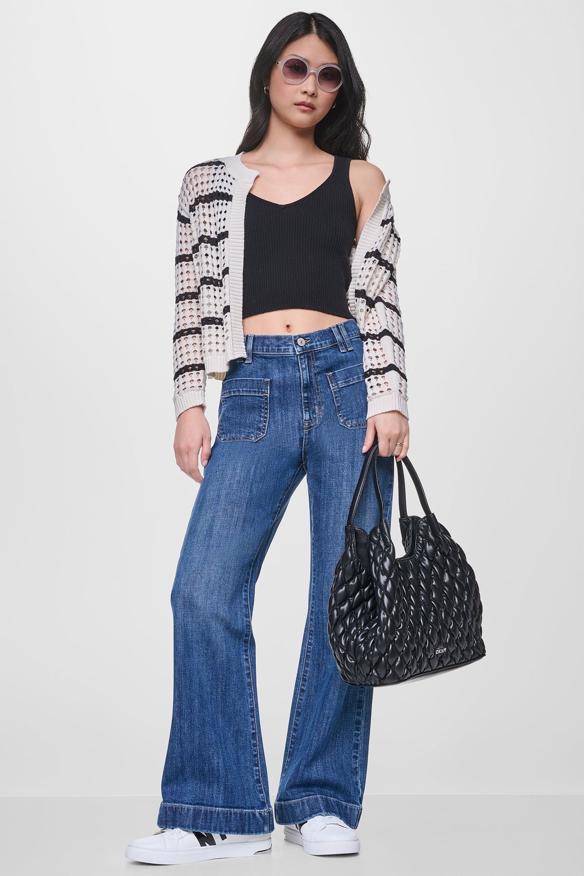 Travertine/Black DKNY OPEN STITCH STRIPE CARDIGAN