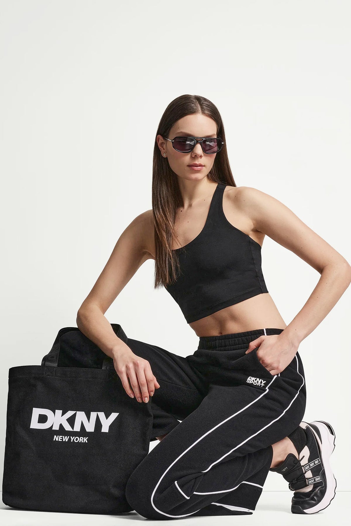 Black/White DKNY HIGH-RISE PIPED TRACK PANTS