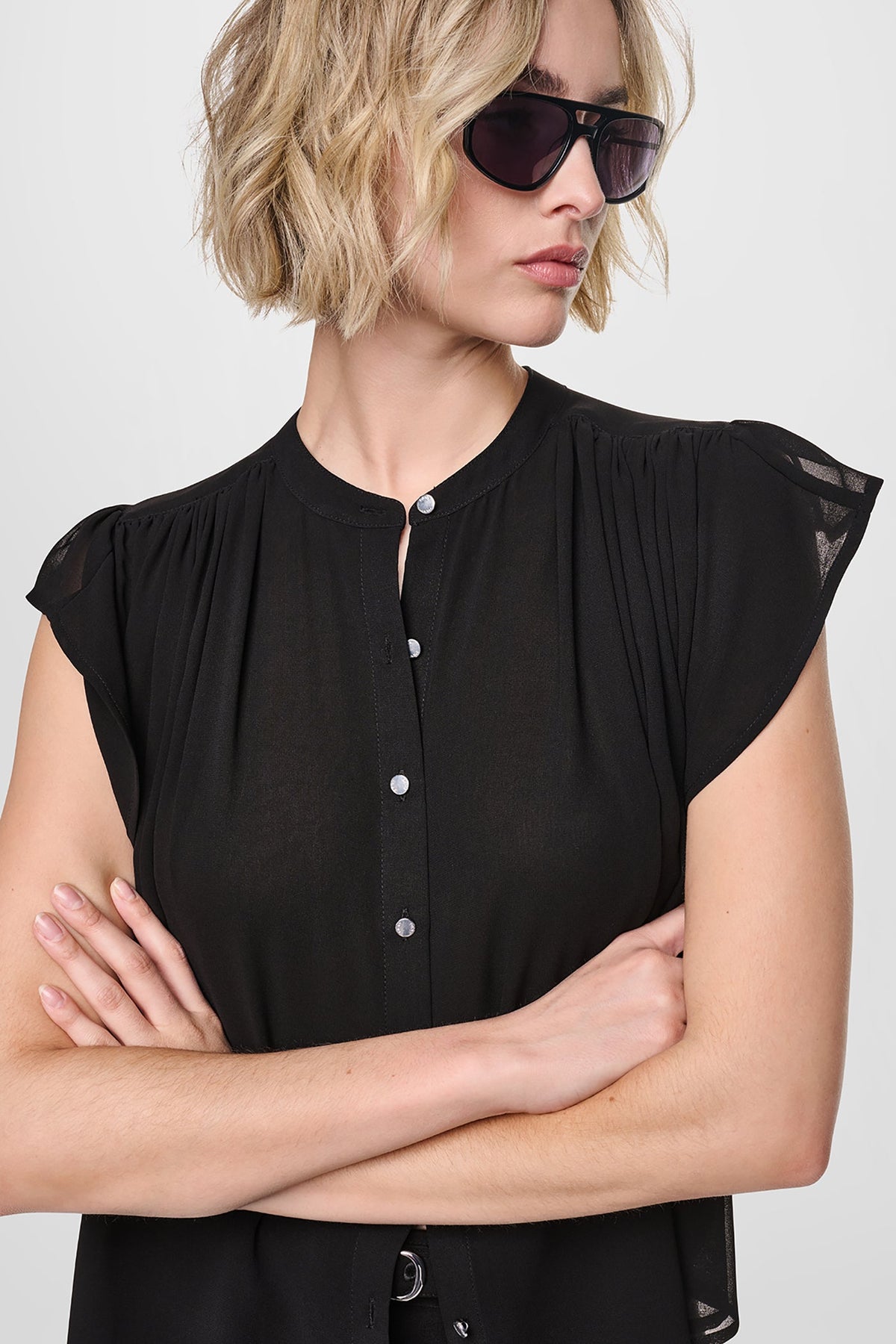 Black DKNY CHIFFON FLUTTER SLEEVE BLOUSE