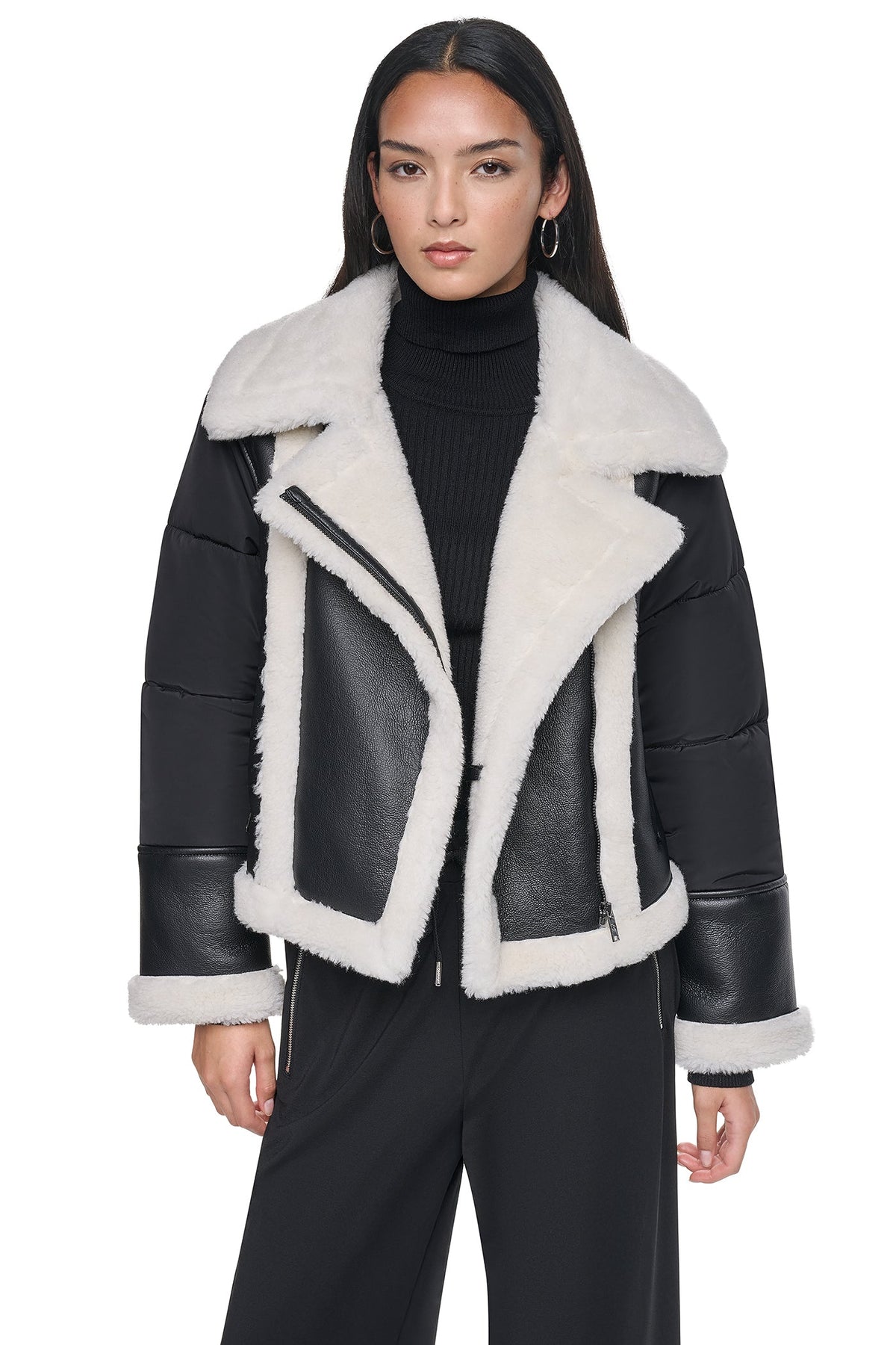 Black/Ivory DKNY PUFF SLEEVE FAUX SHEARLING JACKET