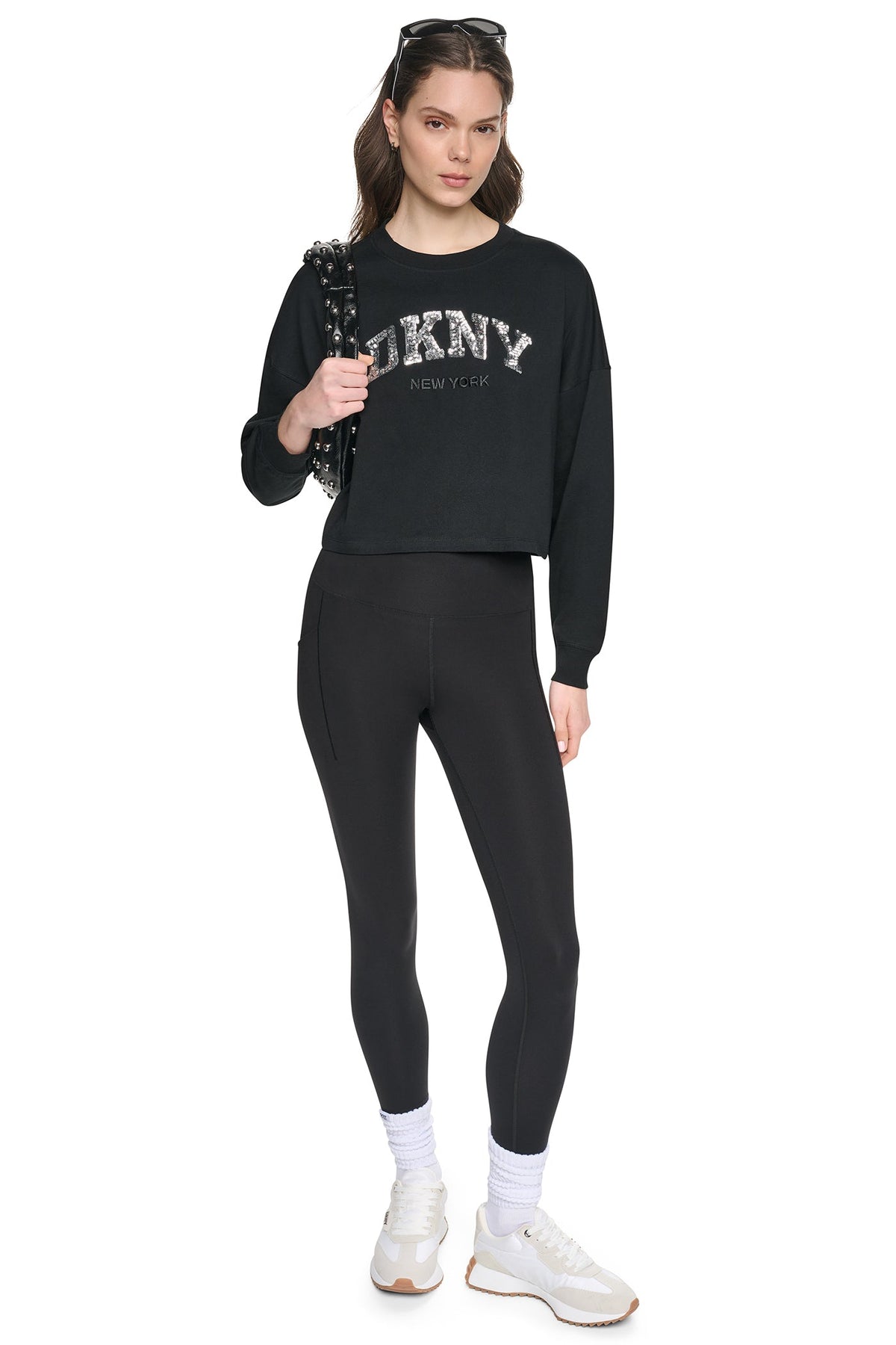 Cortado Heather/Silver DKNY CROPPED SEQUIN VARSITY LOGO TEE