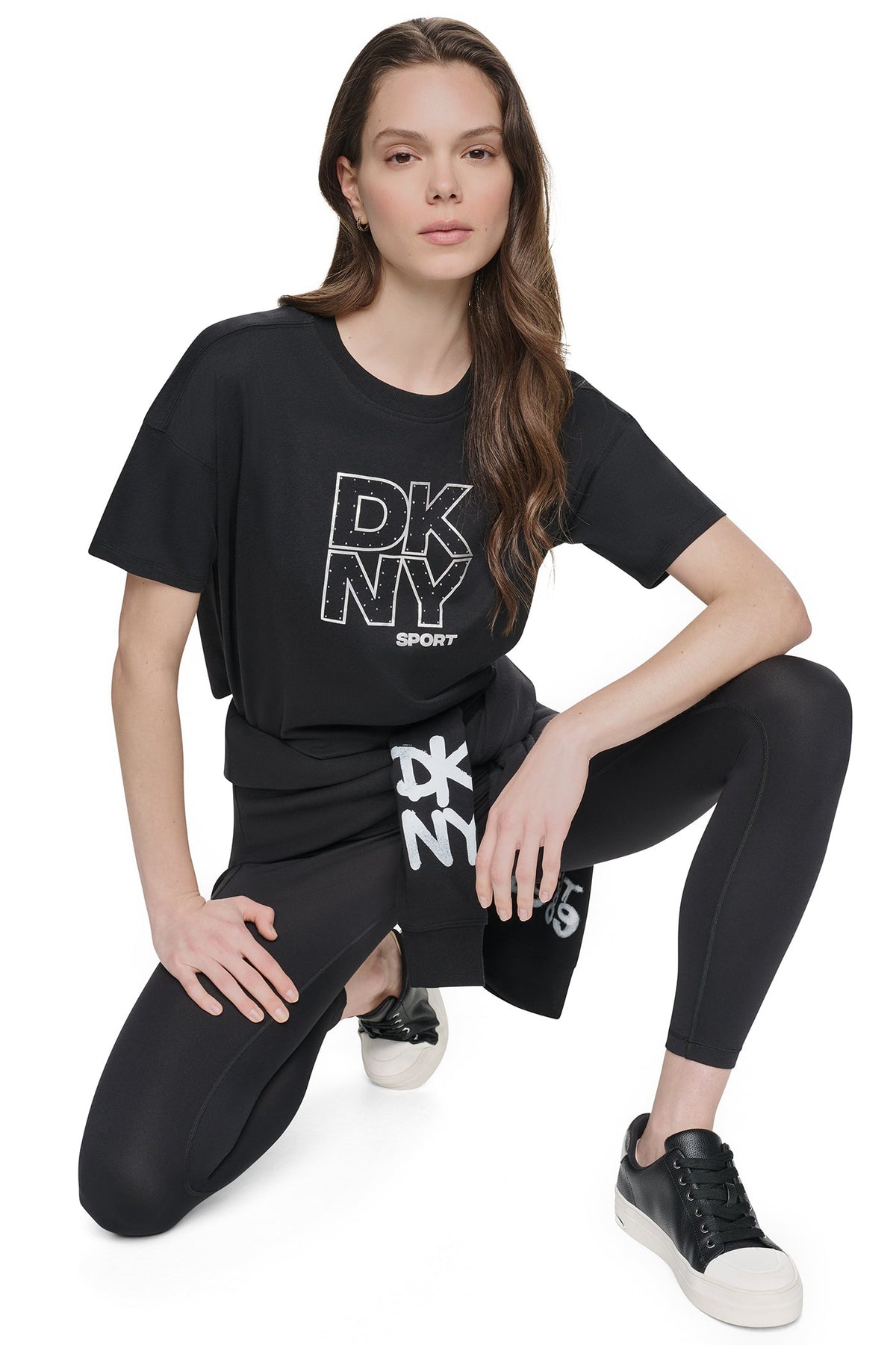 Eggnog/Silver DKNY CROPPED CRYSTAL STACKED LOGO TEE