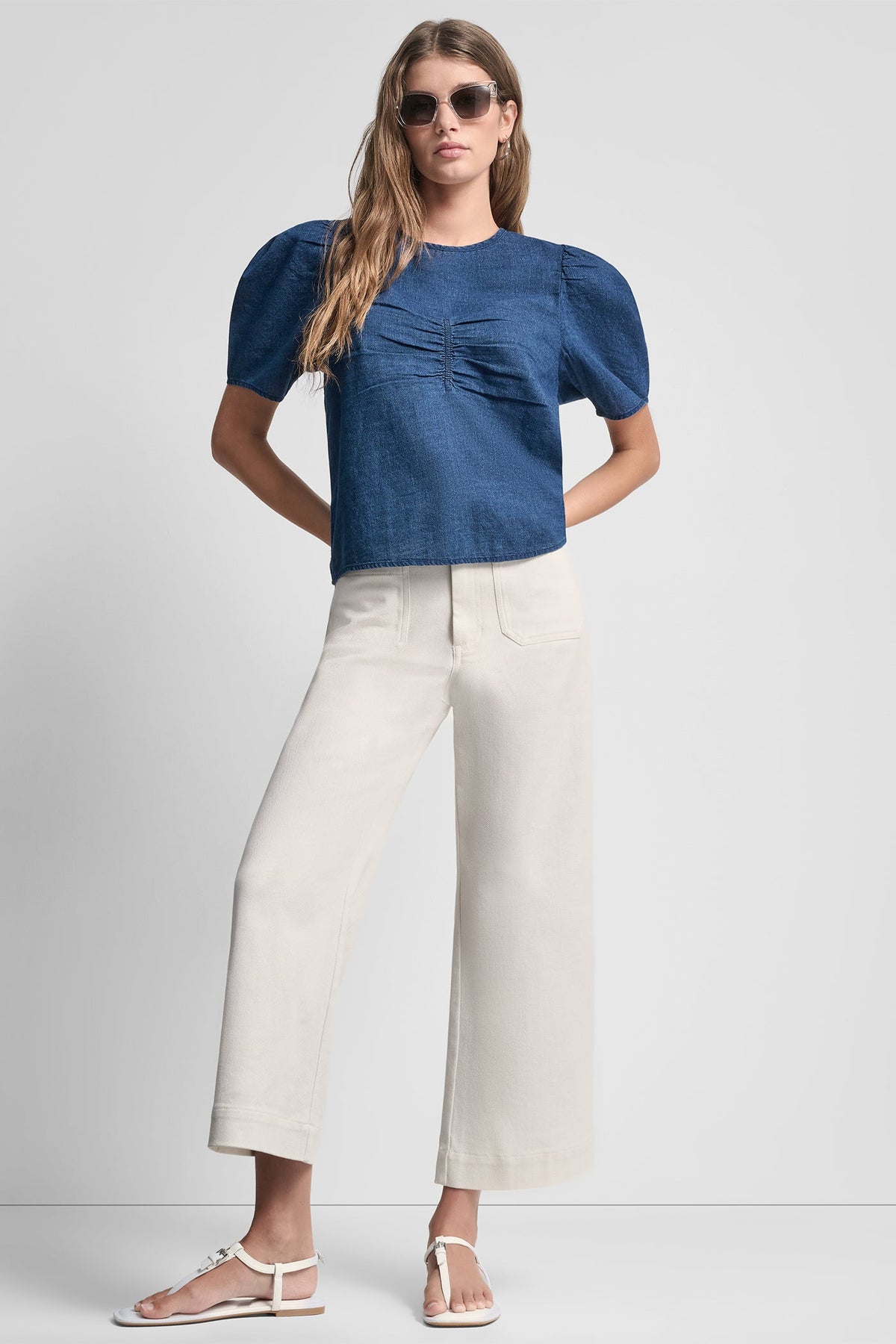 Indigo DKNY PUFF SLEEVE RUCHED FRONT SHIRT