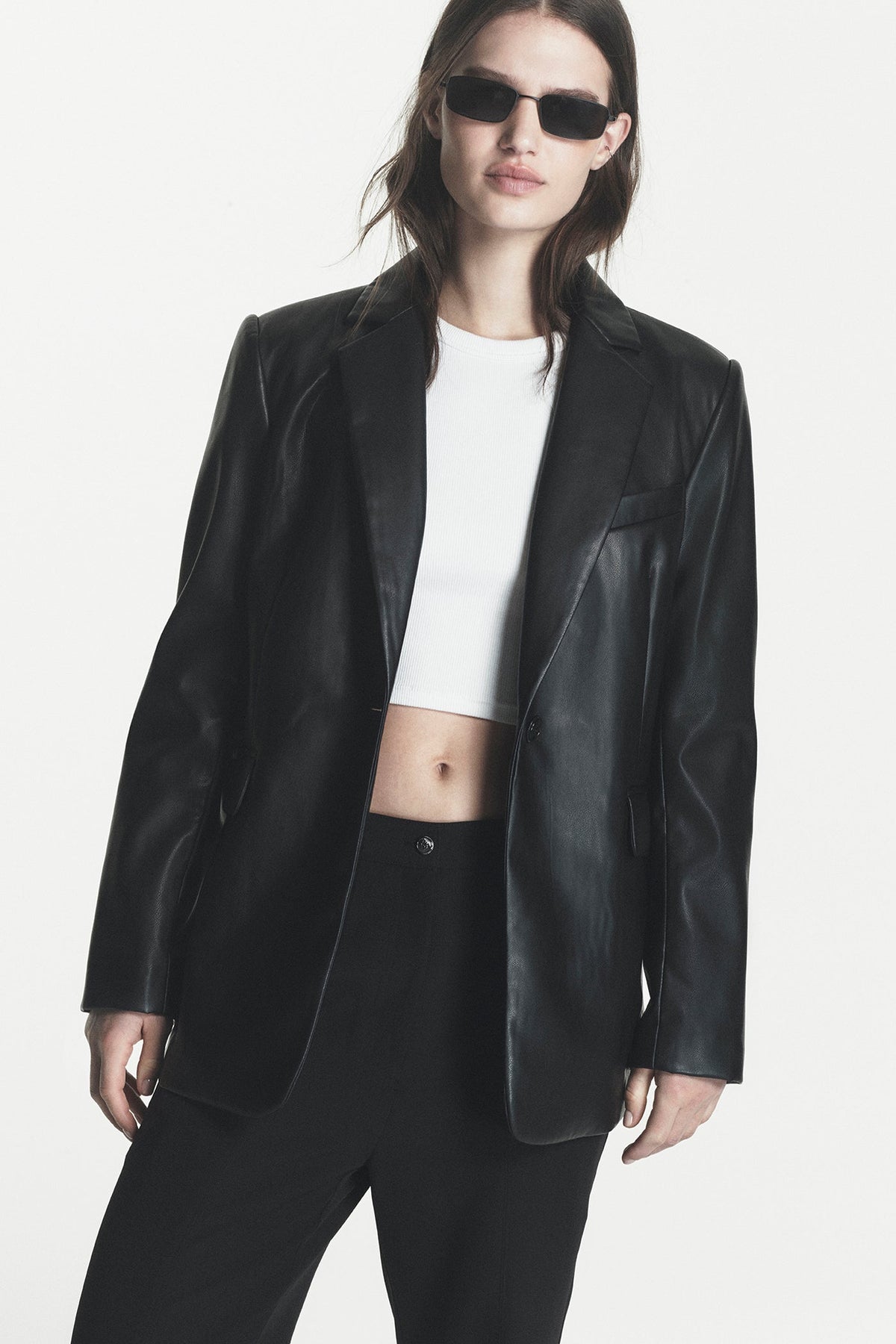 Black DKNY FAUX LEATHER ONE BUTTON BLAZER