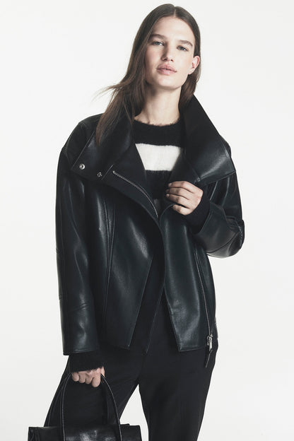 Black DKNY ASYMMETRIC FAUX LEATHER JACKET