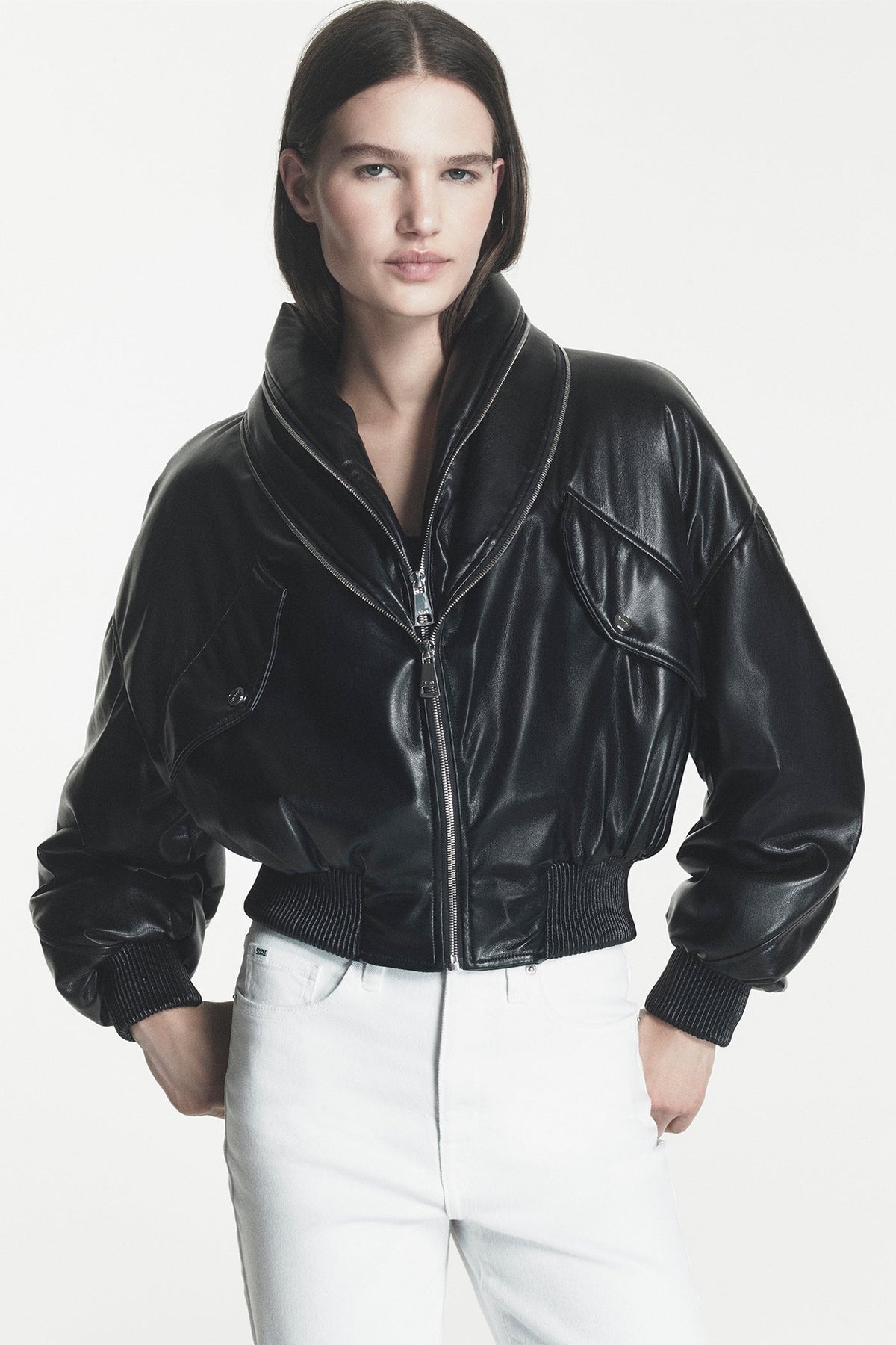 Black DKNY FAUX LEATHER BOMBER JACKET