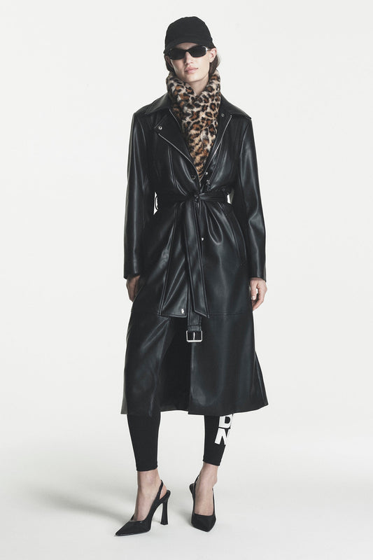 Black DKNY FAUX LEATHER BELTED TRENCH