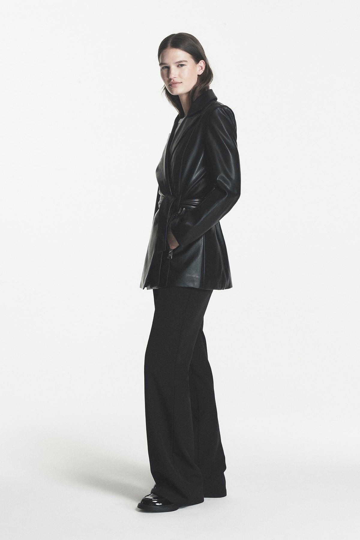Black DKNY FAUX LEATHER BLAZER COAT
