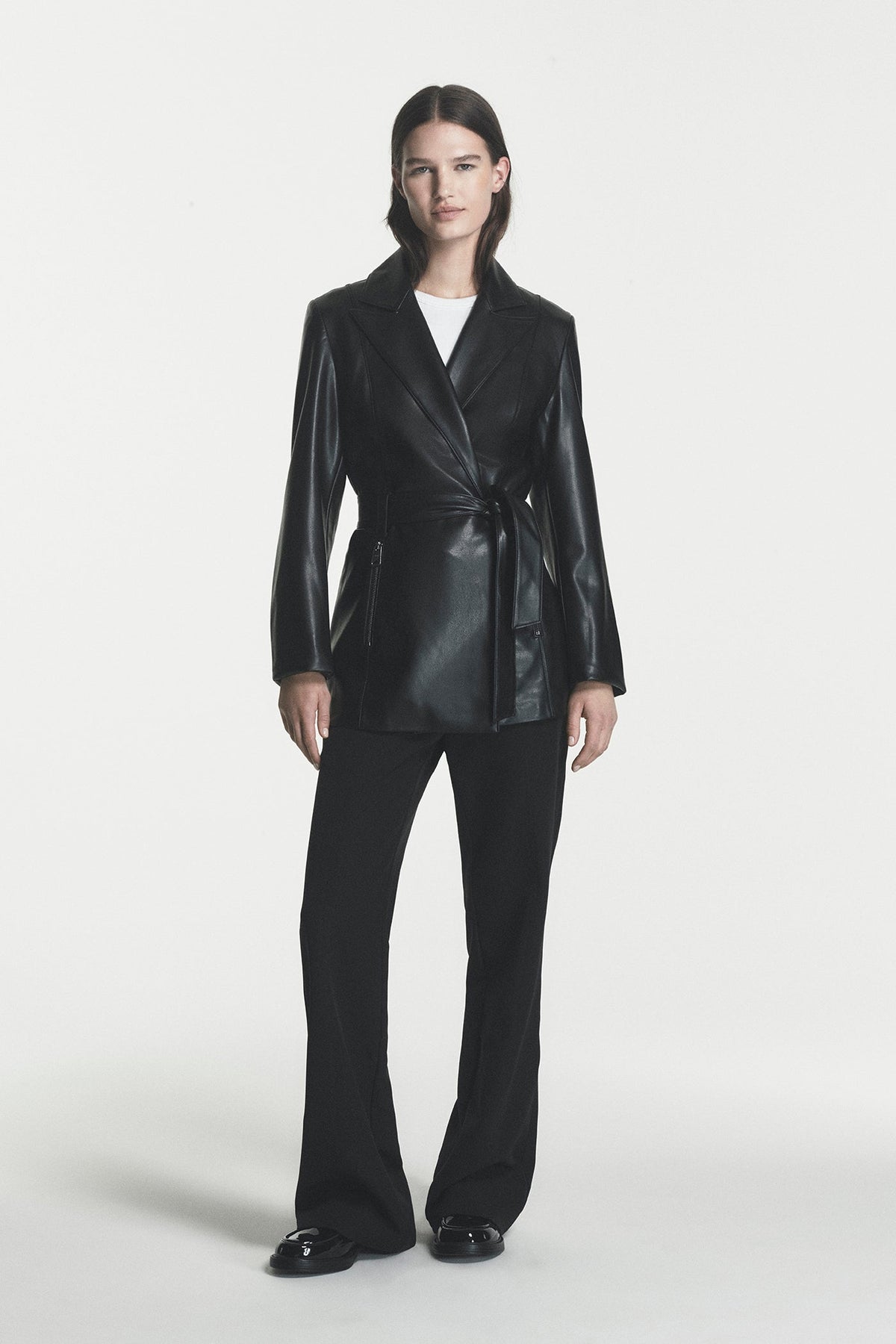 Black DKNY FAUX LEATHER BLAZER COAT