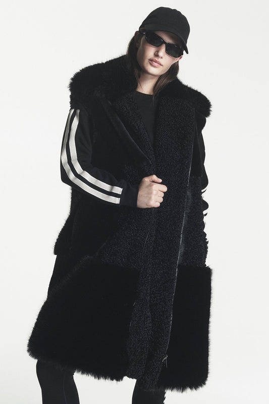 Black DKNY PATCH FAUX FUR LONG VEST