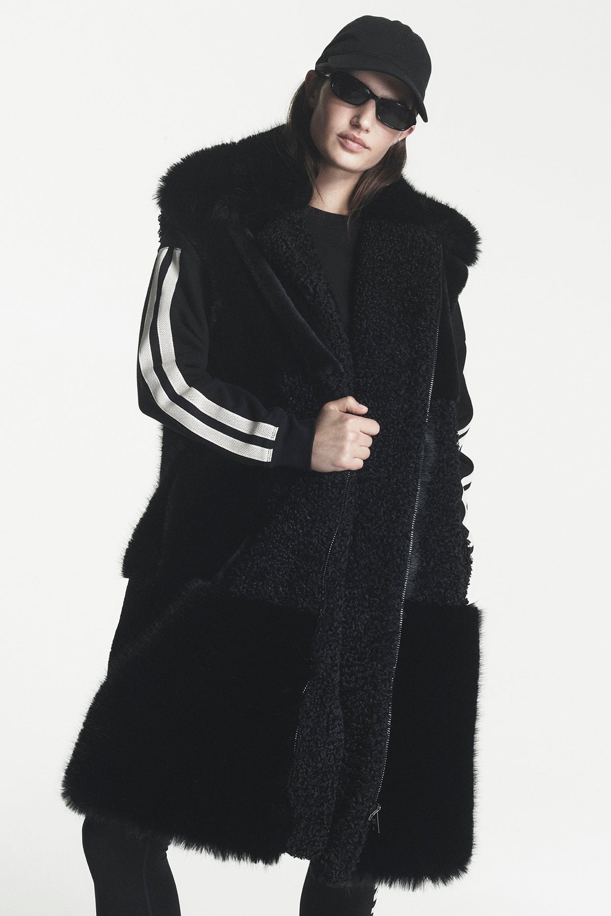 Black DKNY PATCH FAUX FUR LONG VEST