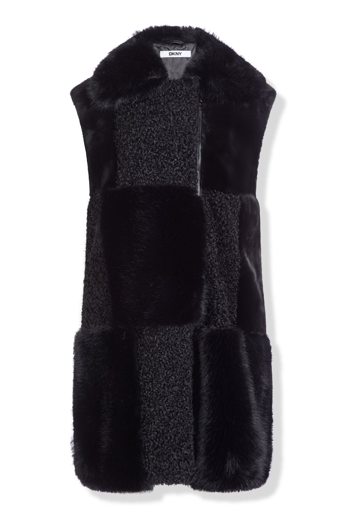 Black DKNY PATCH FAUX FUR LONG VEST