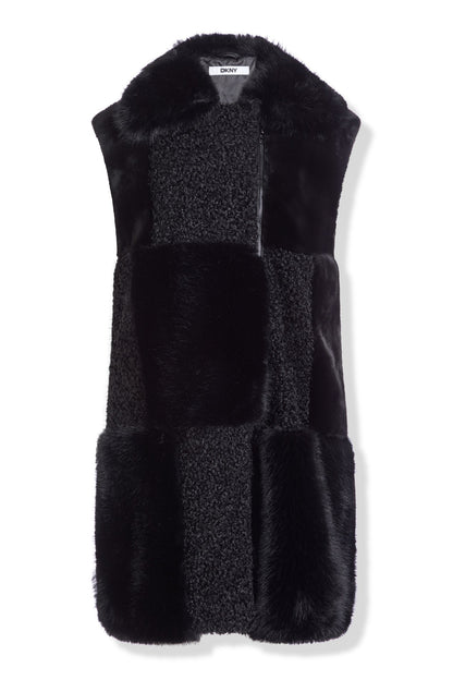 Black DKNY PATCH FAUX FUR LONG VEST