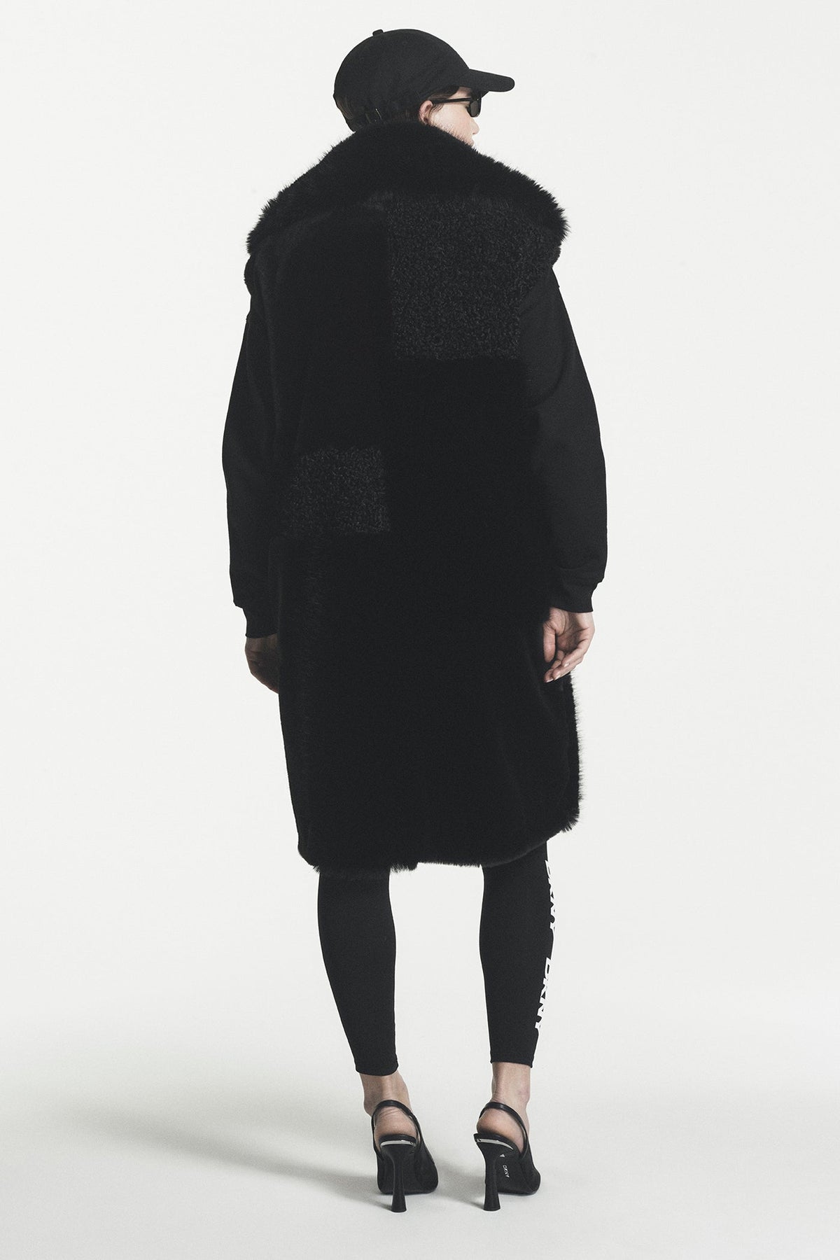 Black DKNY PATCH FAUX FUR LONG VEST