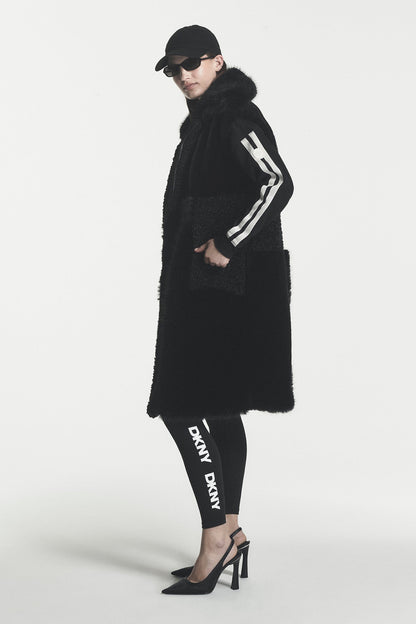 Black DKNY PATCH FAUX FUR LONG VEST