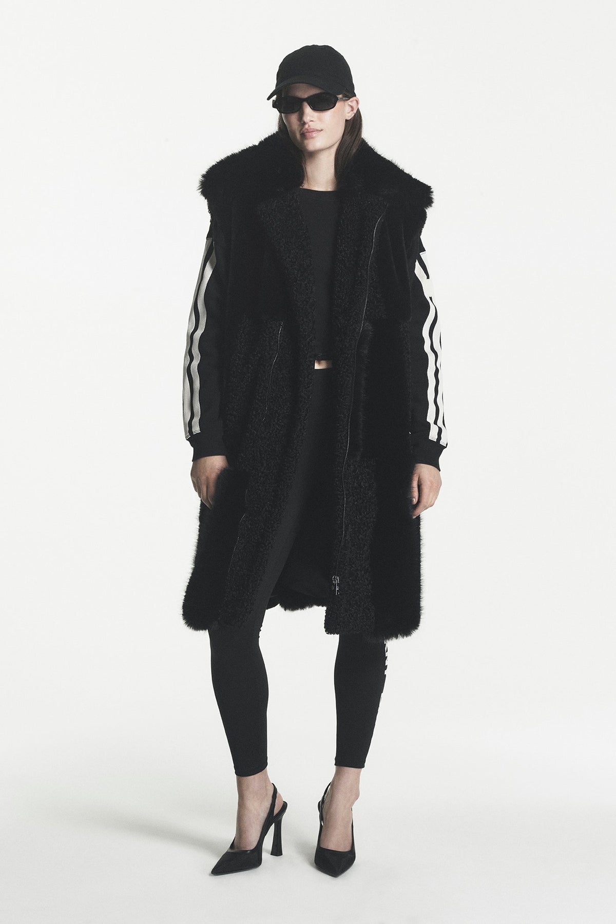 Black DKNY PATCH FAUX FUR LONG VEST