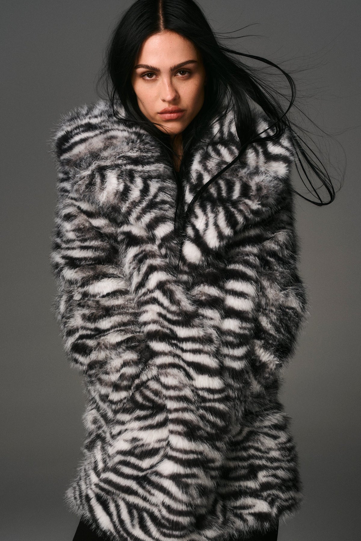 Black/White DKNY FAUX FUR SNOW LEOPARD JACKET