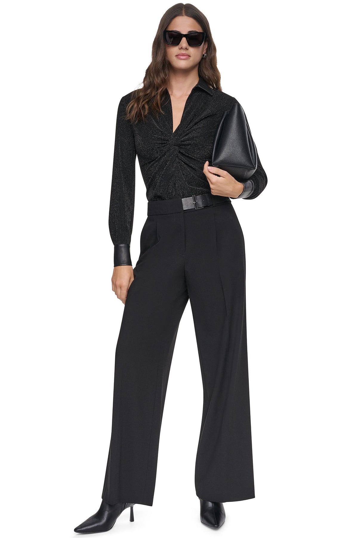 Black DKNY BELTED WIDE LEG TROUSER