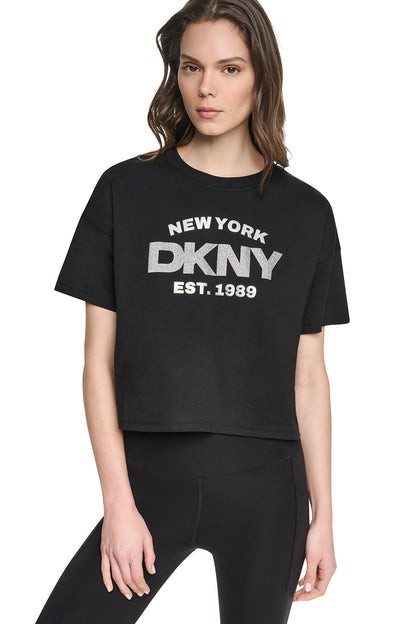 Peacoat/Silver DKNY CROPPED METALLIC LOGO TEE