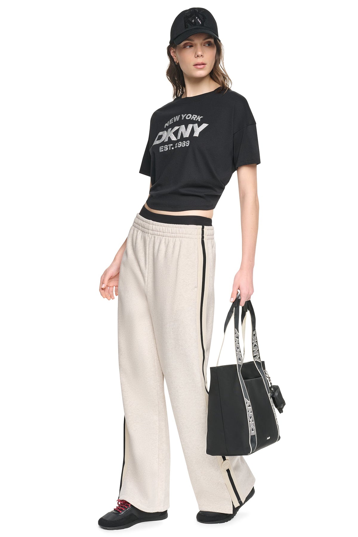 Peacoat/Silver DKNY CROPPED METALLIC LOGO TEE