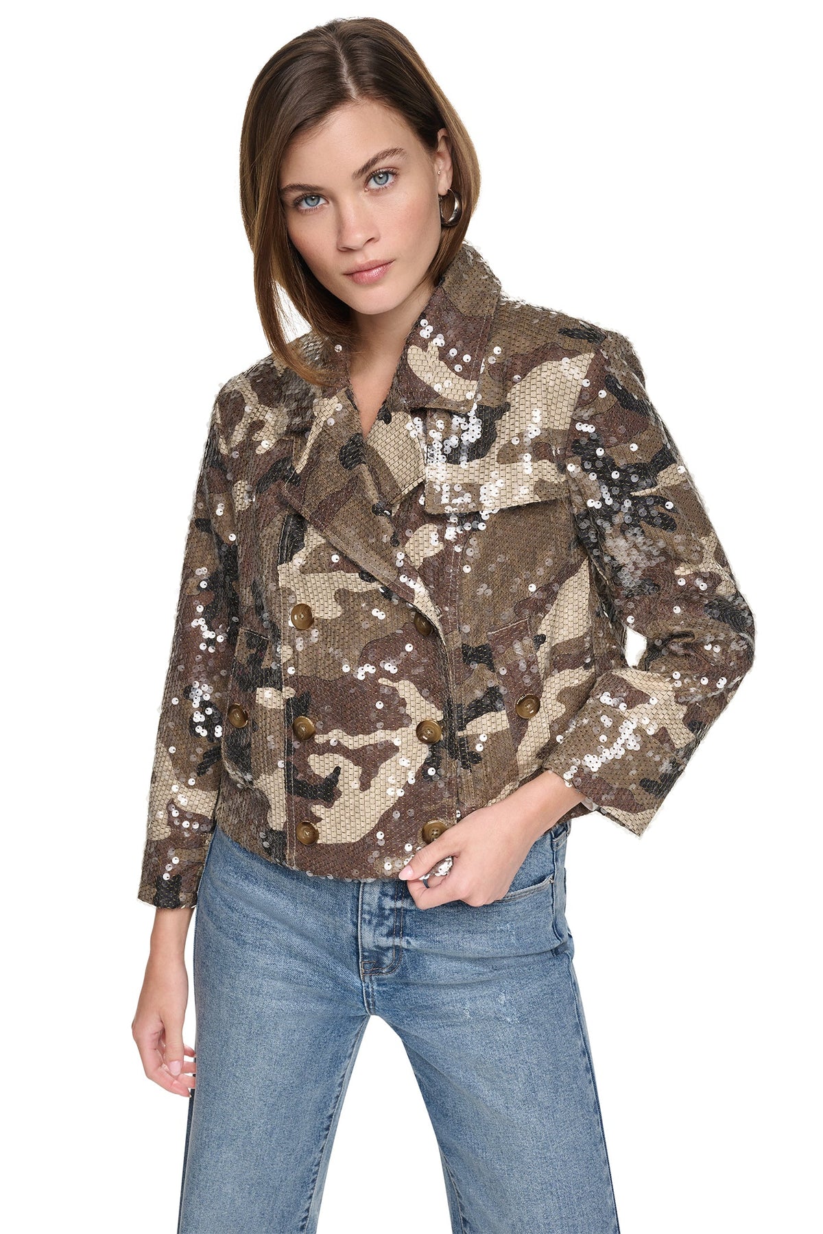 Travertine DKNY SEQUIN DOUBLE BREASTED TRENCH COAT
