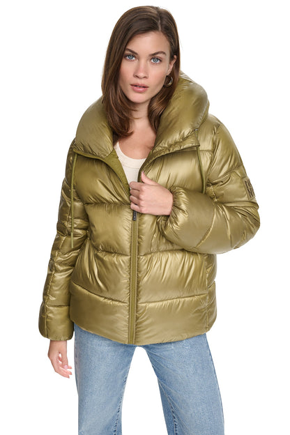 Metallic Pink Moon DKNY QUILTED PUFFER WITH DRAMA COLLAR